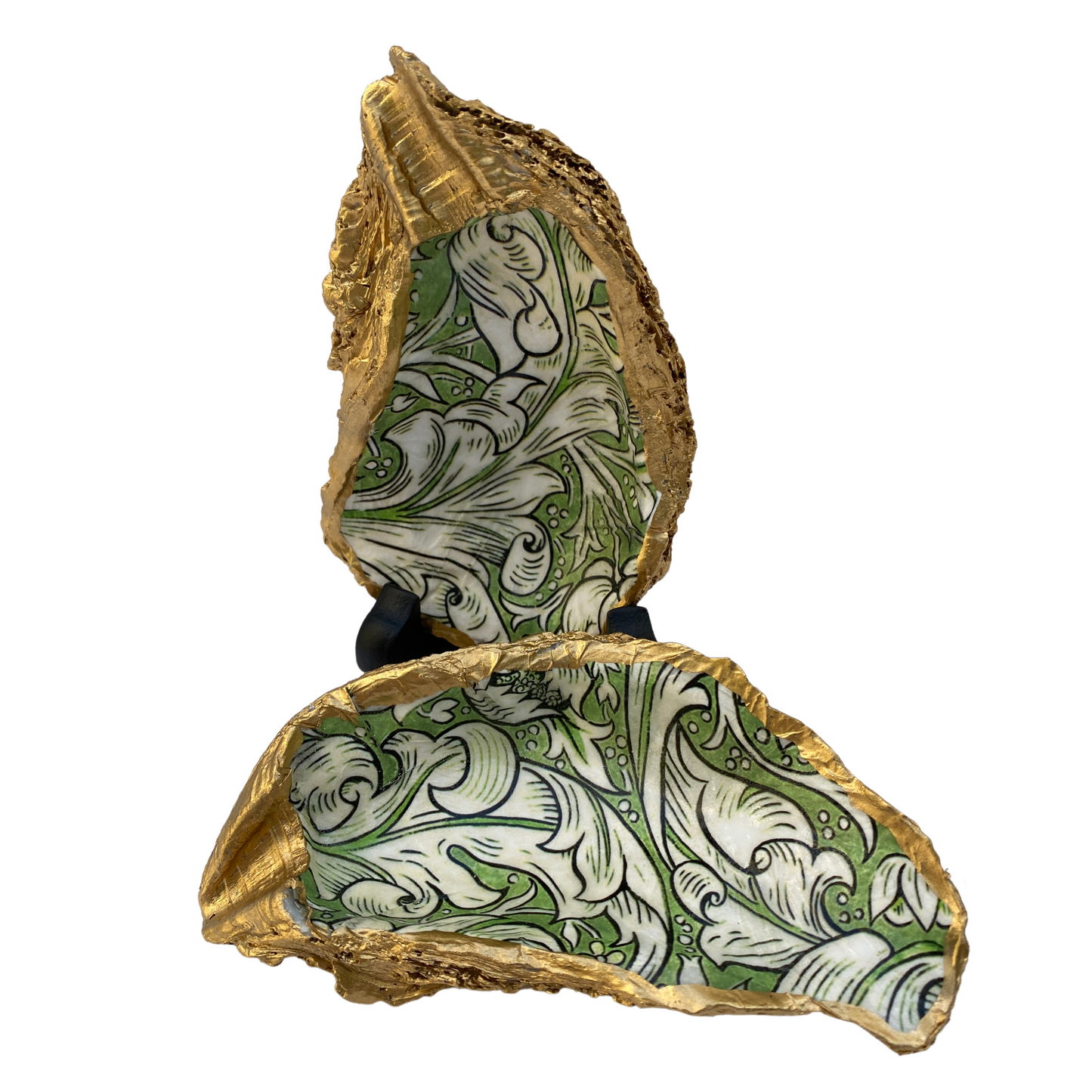 Oyster Shell Art, Olive Green and White Leaves, William Morris Design