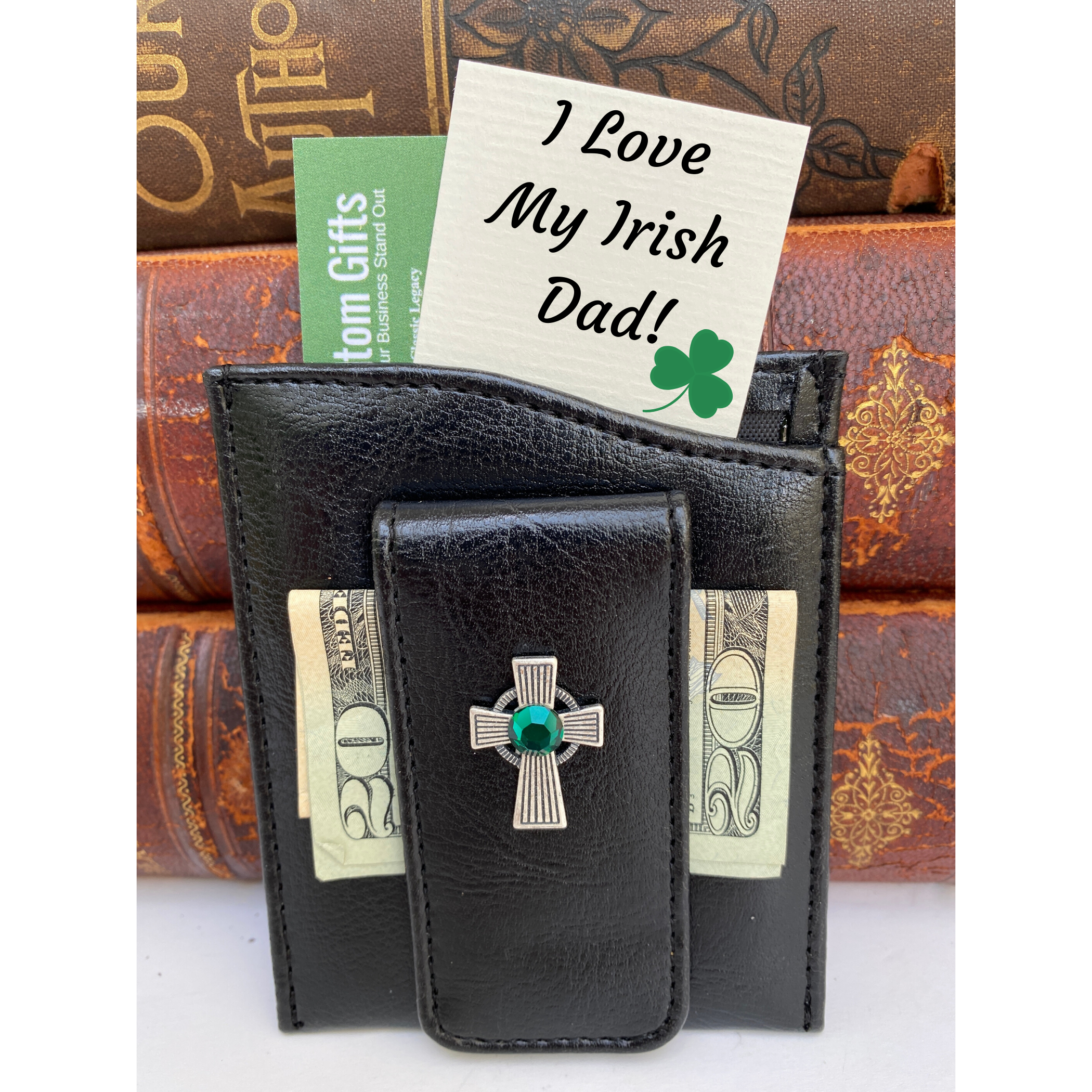 Money Clip, Irish Cross, Black Faux Leather