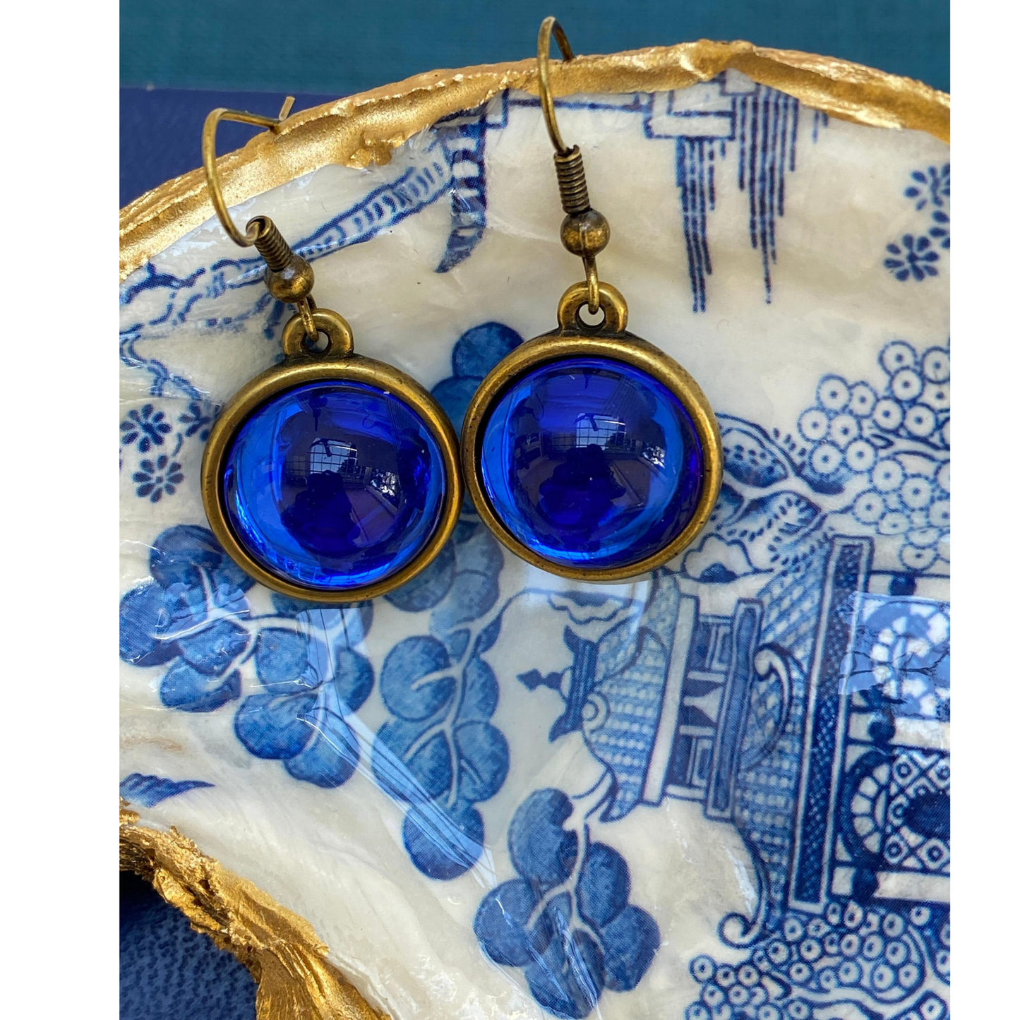 Earring, Iridescent cobalt blue, Antique Gold, French Ear Wire, Handmade in USA