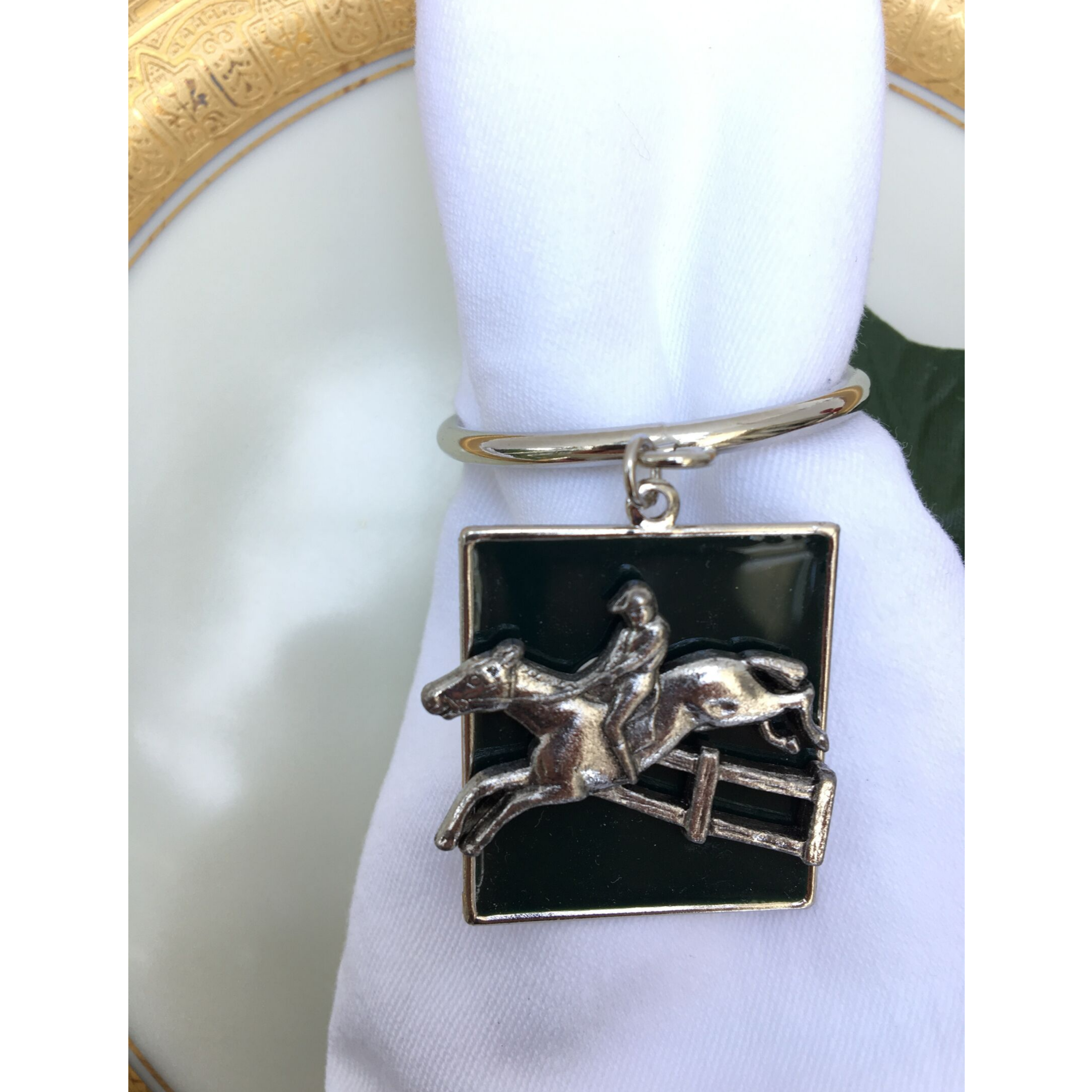 Napkin Ring Antique Silver Horse Jumper Medallion