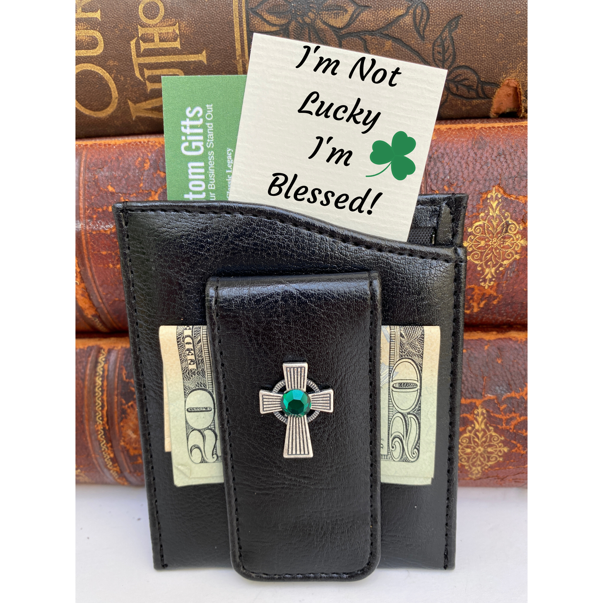 Money Clip, Irish Cross, Black Faux Leather