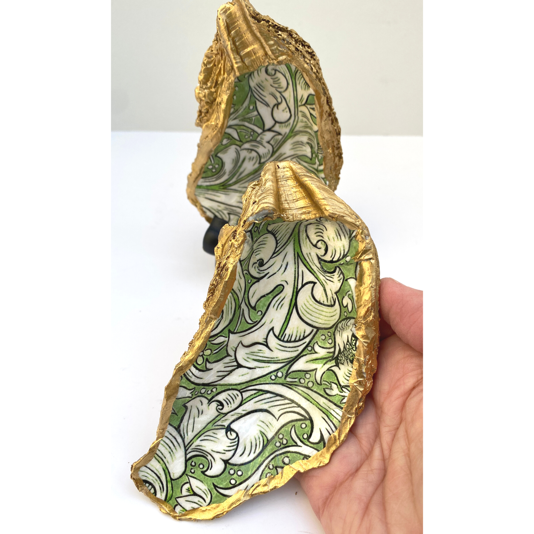 Oyster Shell Art, Olive Green and White Leaves, William Morris Design