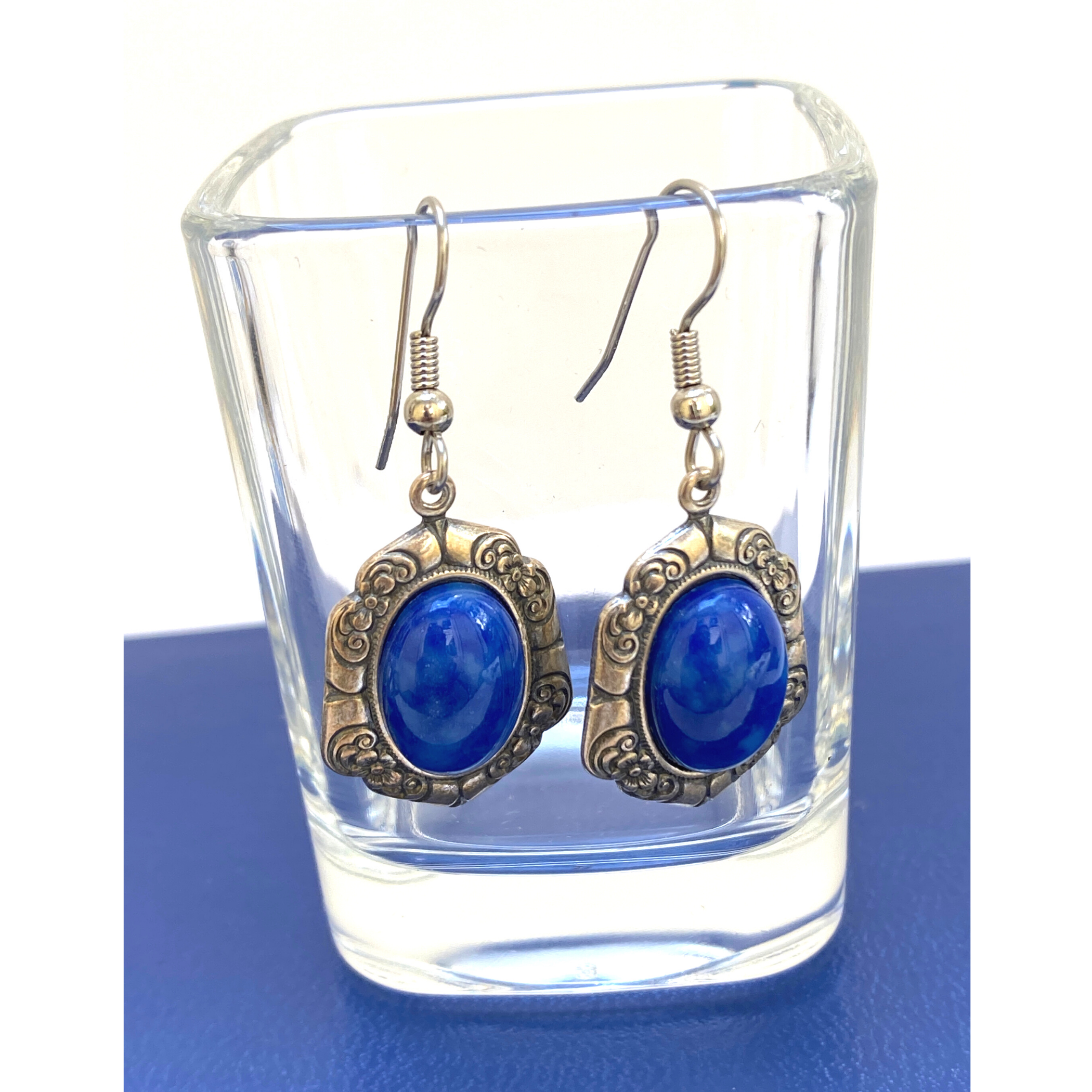 Earrings, Vintage Antique Silver Setting, Oval Faux Lapis Setting, Handmade in USA