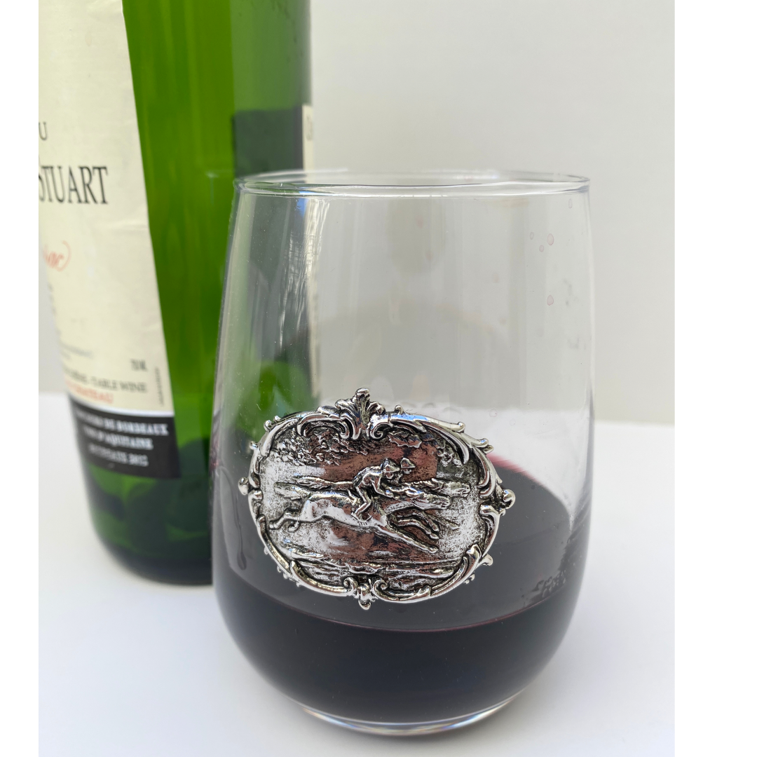 Horserace Theme Stemless Wine Glass | Silver Jockey & Race Horse