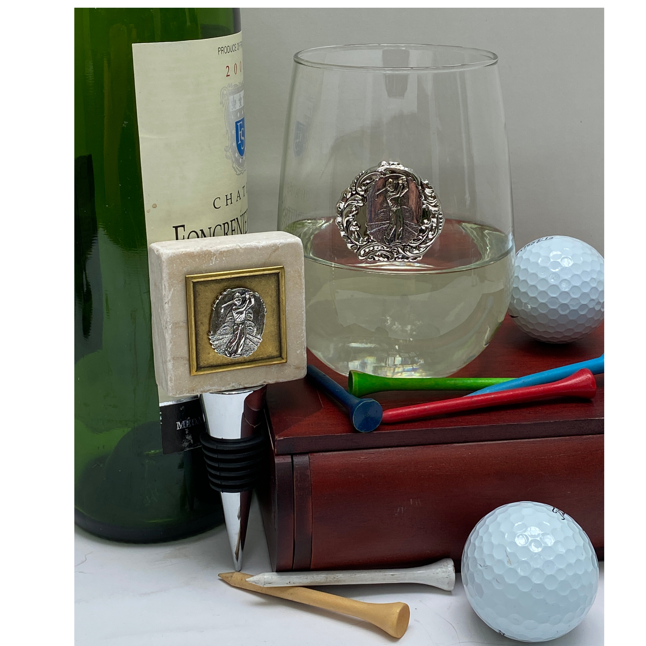 Bottle Stopper, Marble, Silver Golf Medallion, Gift for Golfer