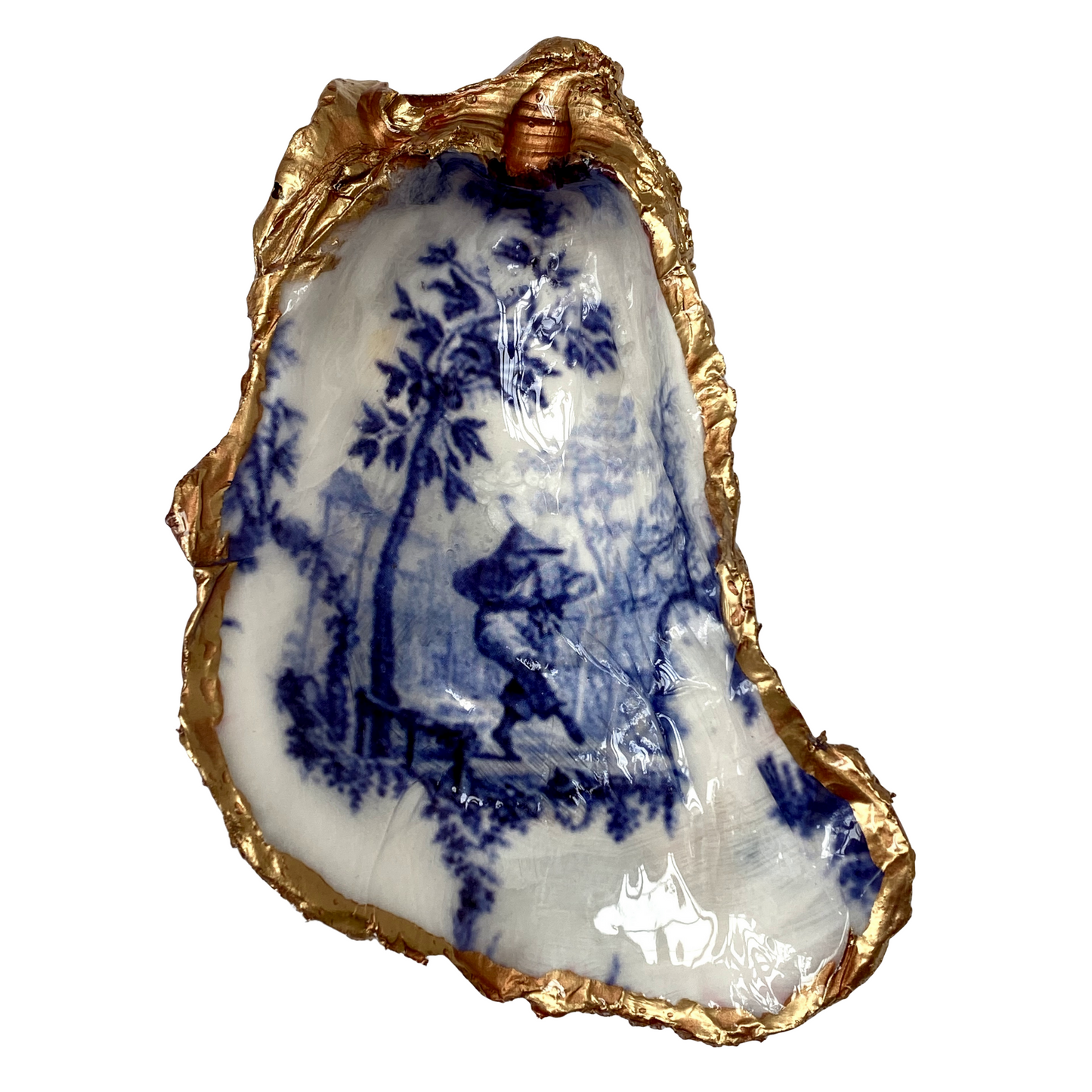 Blue Chinoiserie Ring Dish | Oyster Shell Art | Lady Dancing