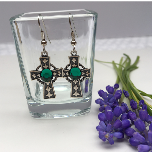 Earring, Irish Celtic Cross, Silver plate, Emerald Crystal, Handmade in USA