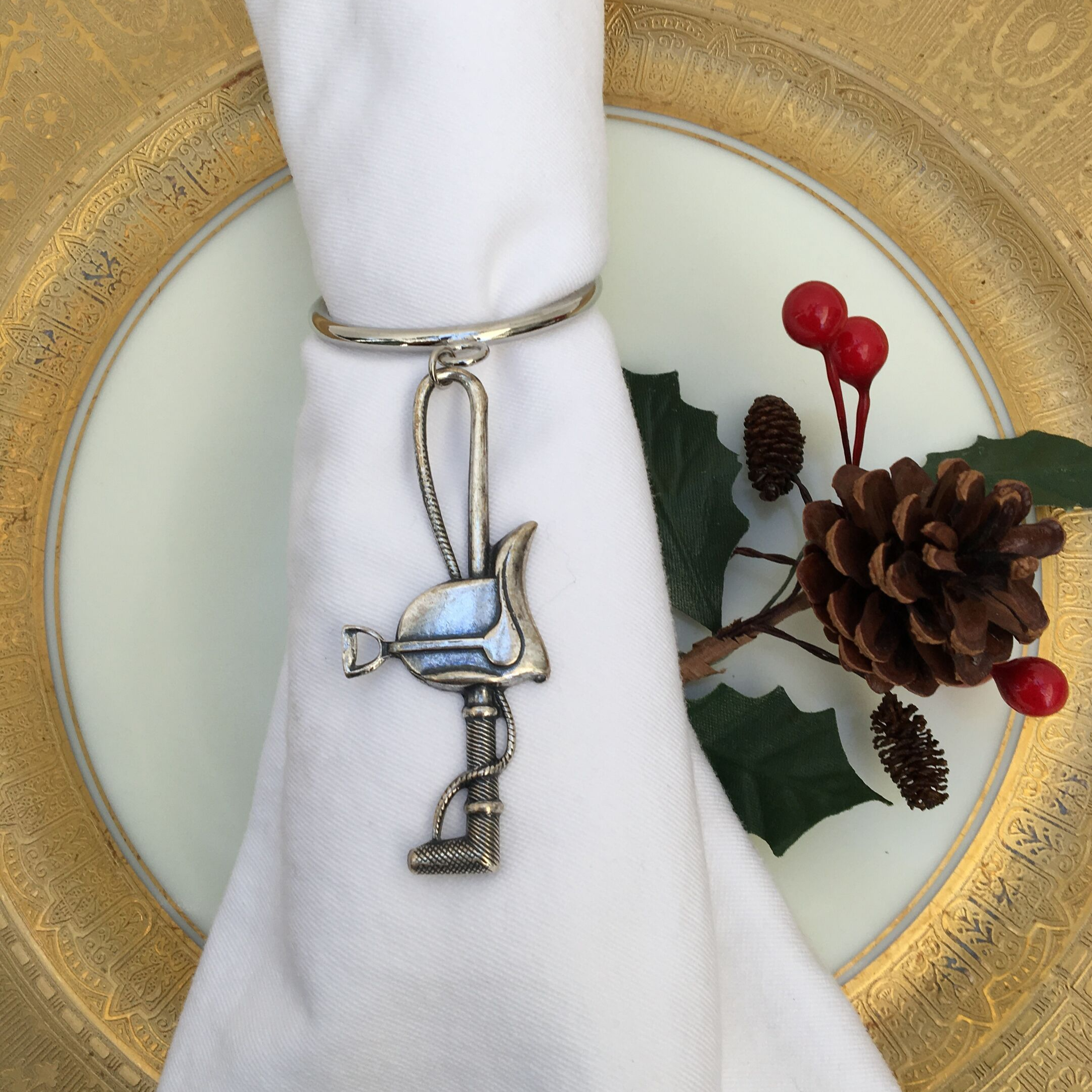 Napkin Rings Equestrian Silver Saddle and Crop
