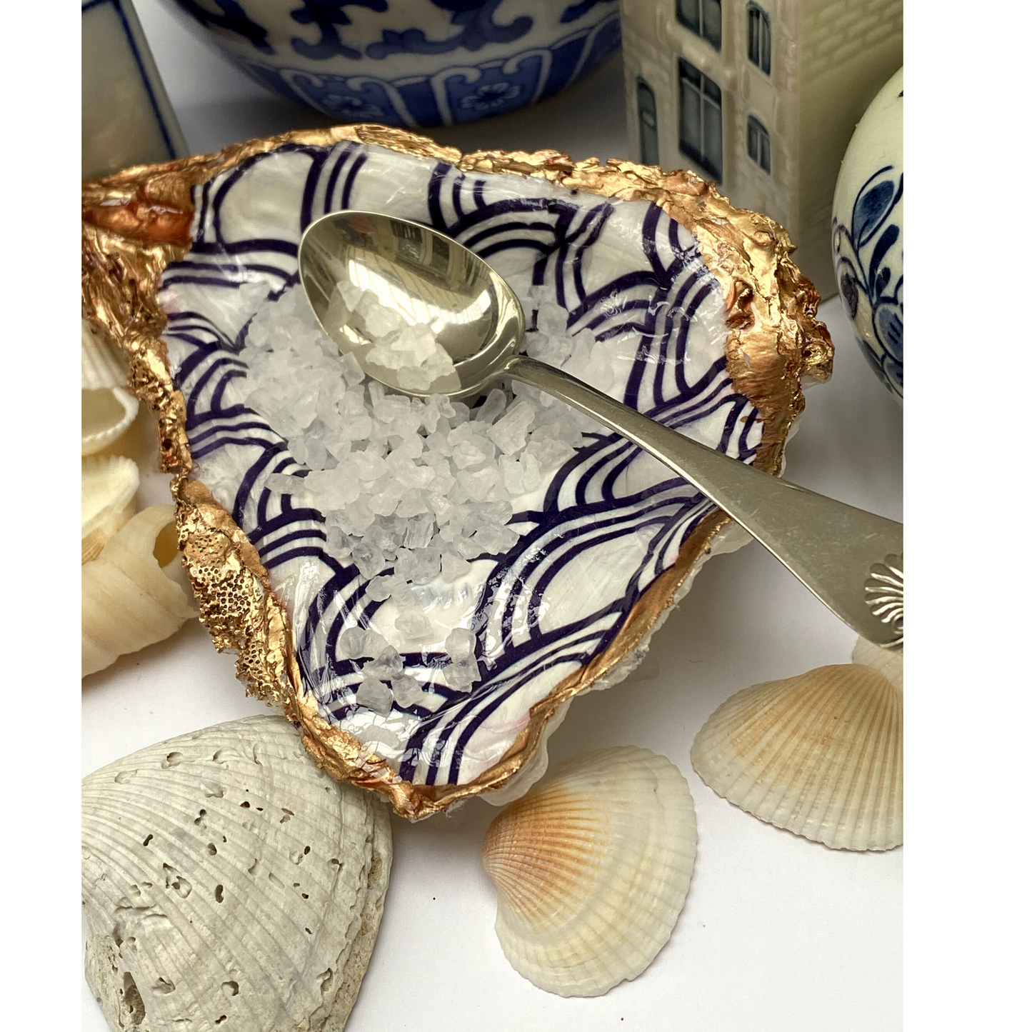 Oyster Shell Art, Jewelry Dish,  Blue White Seigaiha Design