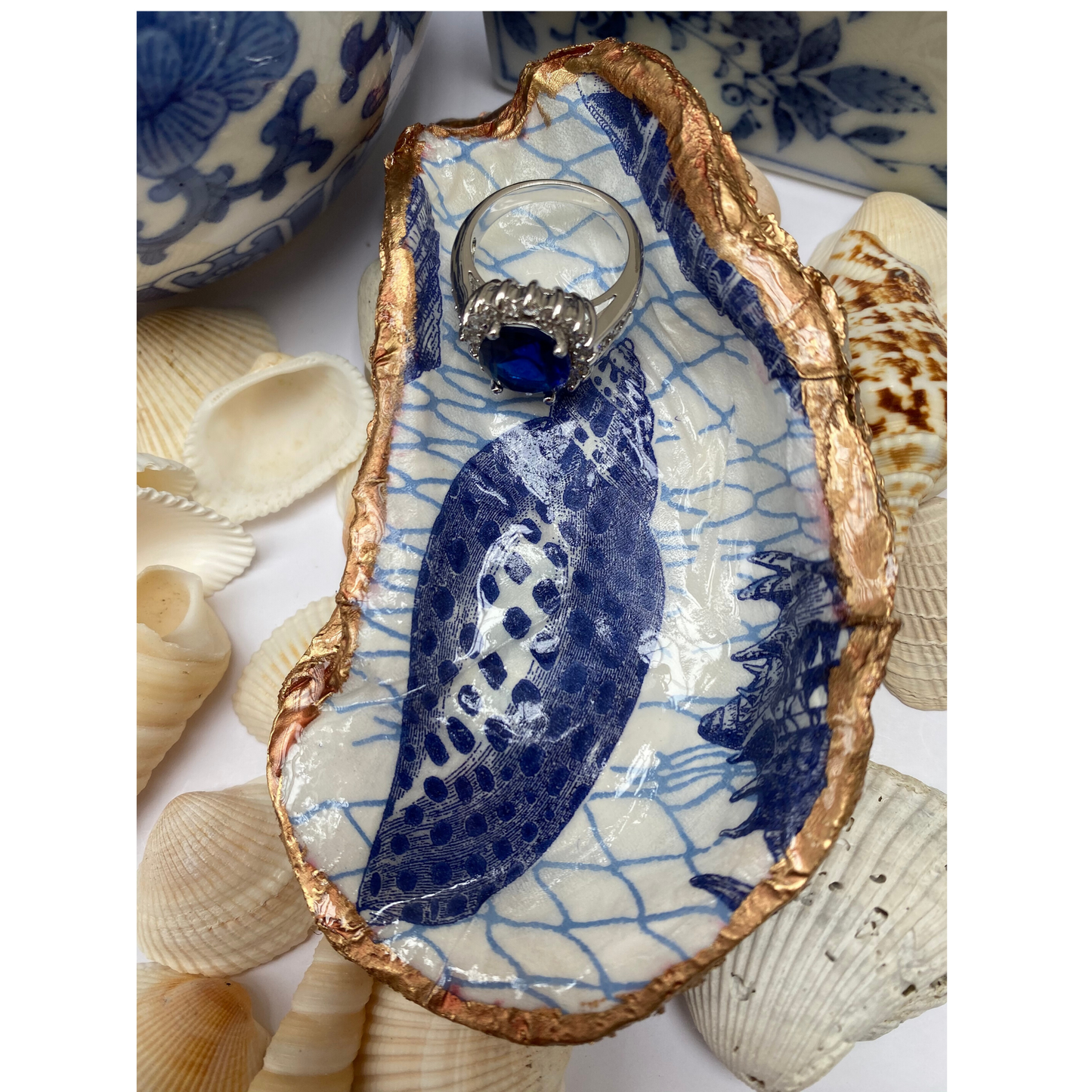 Oyster Shell Art, Sea Shell, Blue and White Hostess Gift
