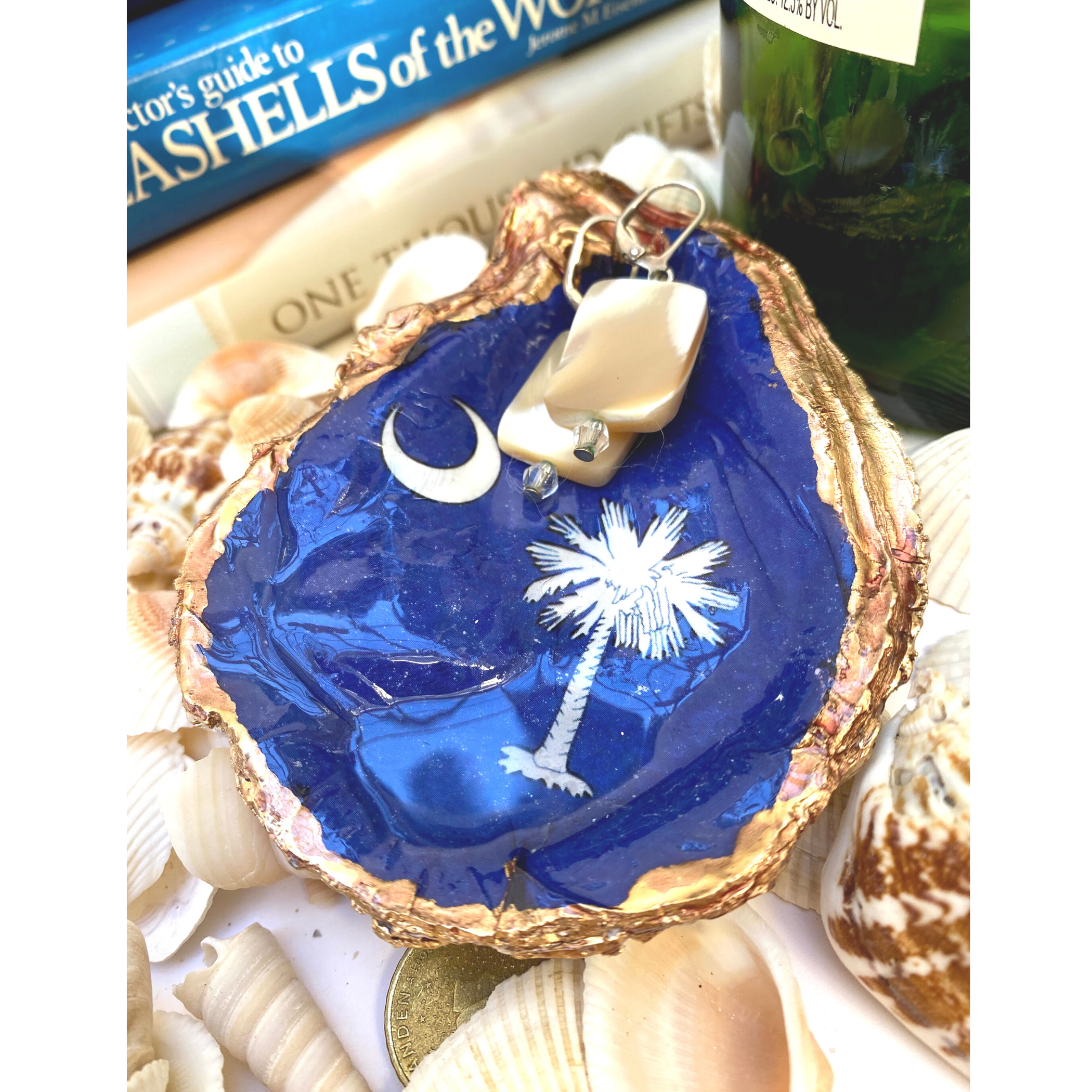 Oyster Shell Art, Decorative Art,  South Carolina State Flag,  Blue and White Décor