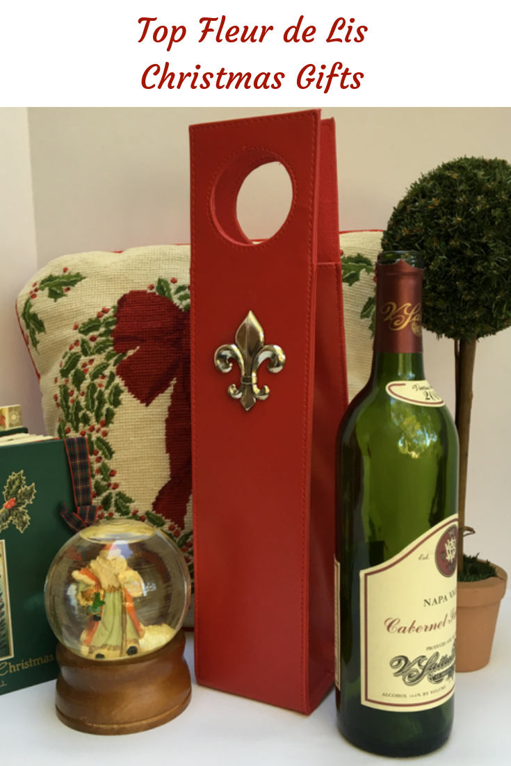 Beverage Carrier,  Red Faux Leather,  Silver Fleur de Lis