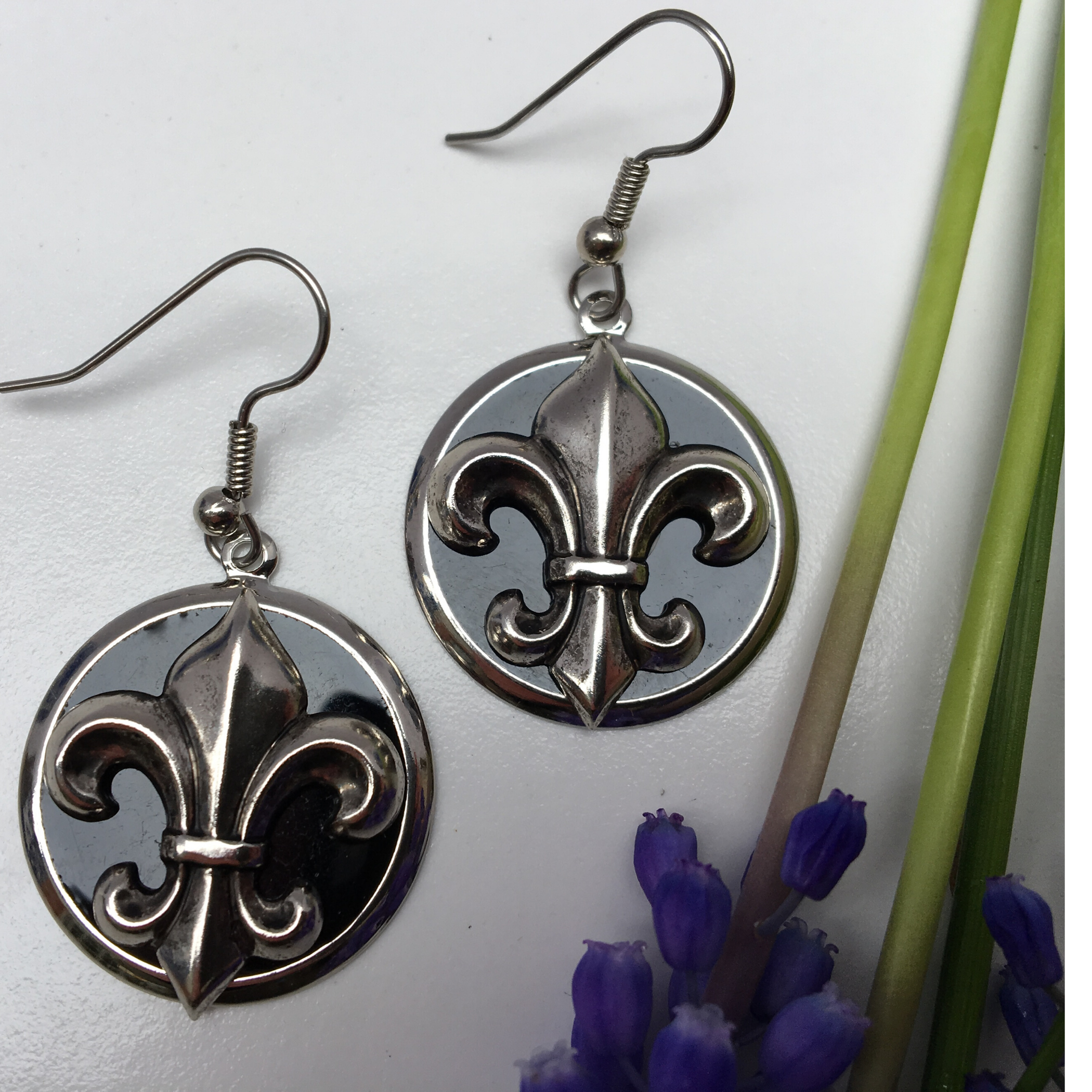 Earrings,  silver and black fleur de lis, French Ear Wire, Handmade in USA