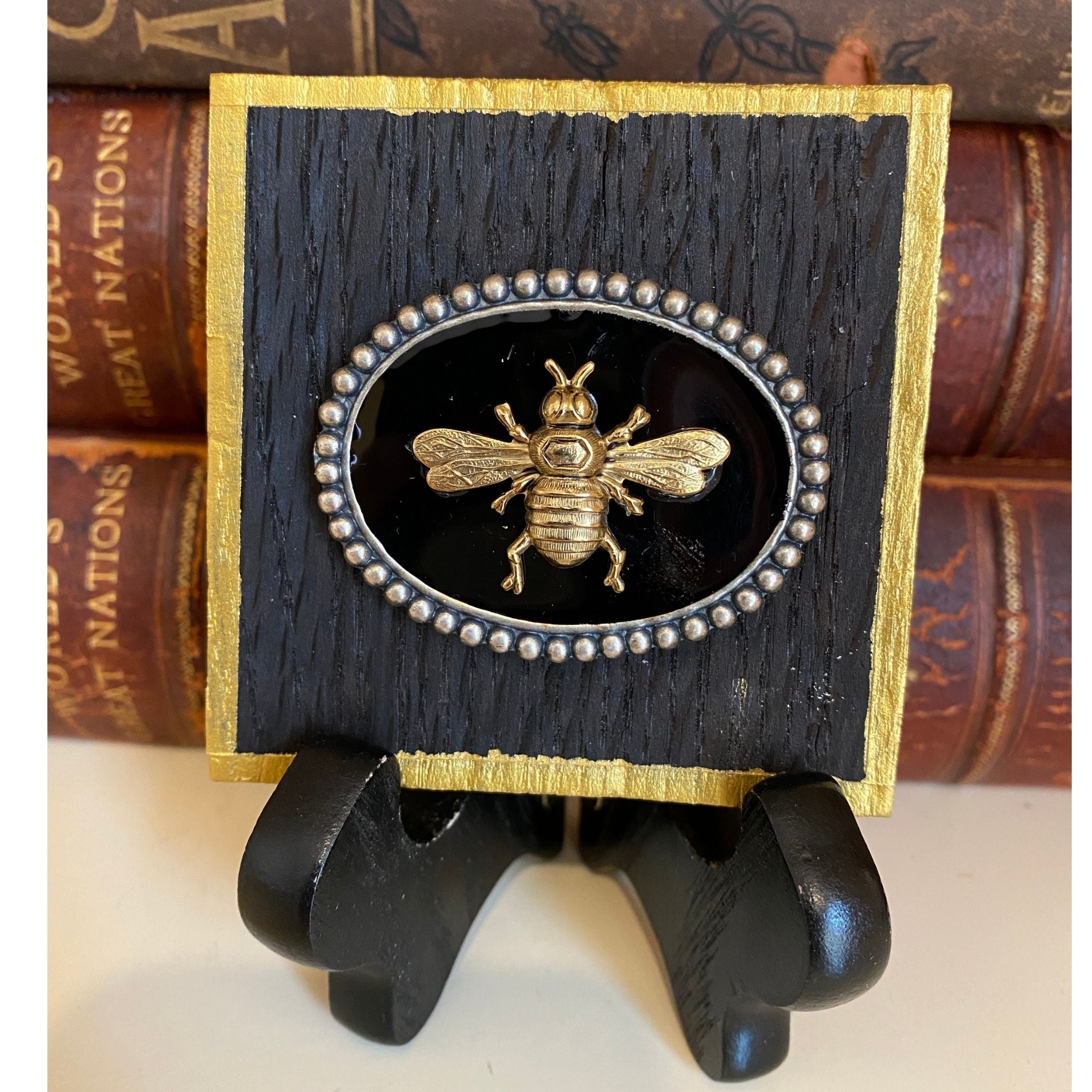 Bee Wooden Art, Gold Bee, Black Enamel Setting, Whiskey Barrel Wood, Bee Gift