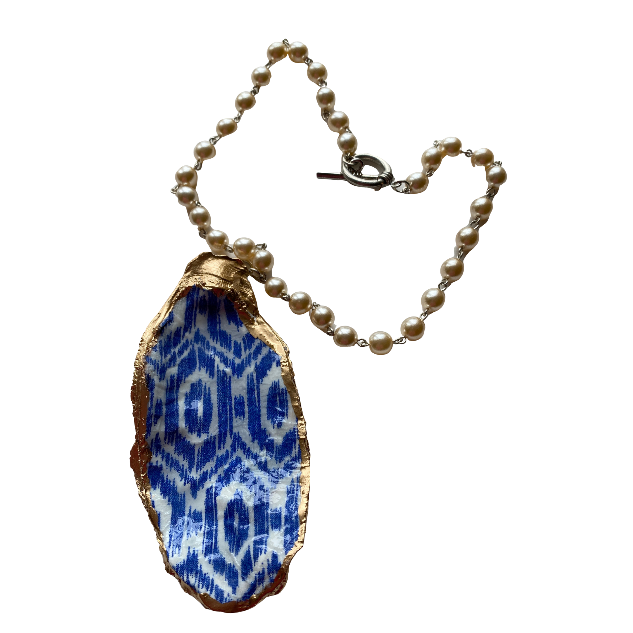 Oyster Shell Necklace Blue Ikat and Pearls
