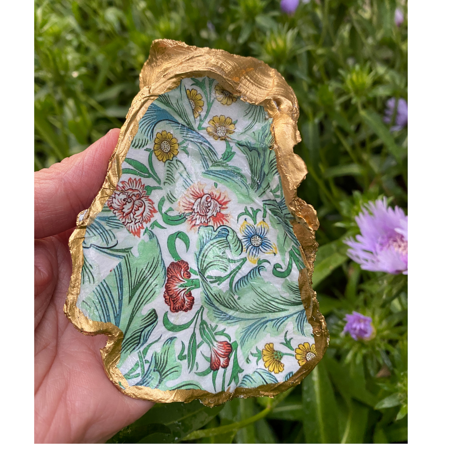 Oyster Shell Art, Vintage William Morris Green with Colorful Flowers, Handcrafted Home Decor