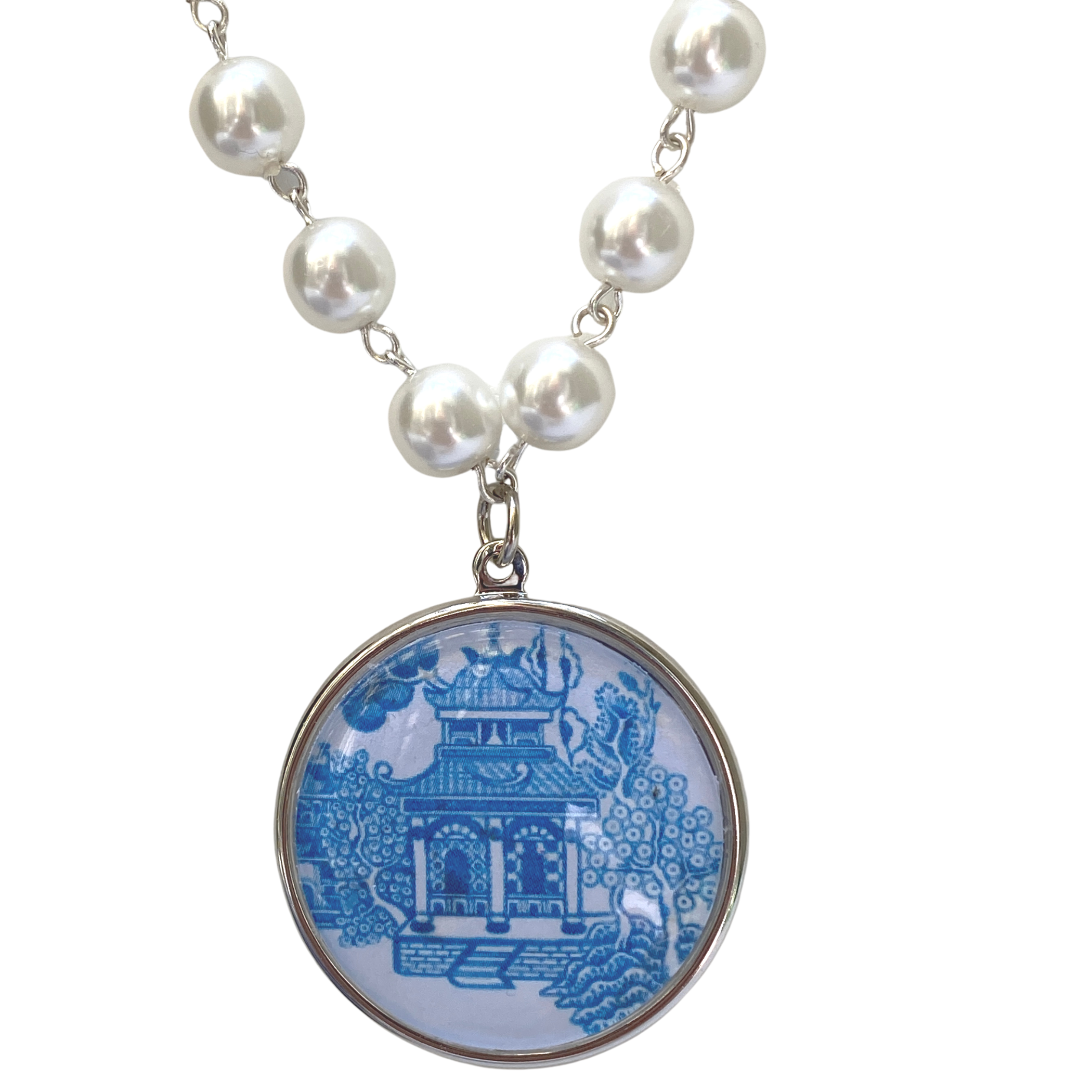 Blue Chinoiserie pearl necklace