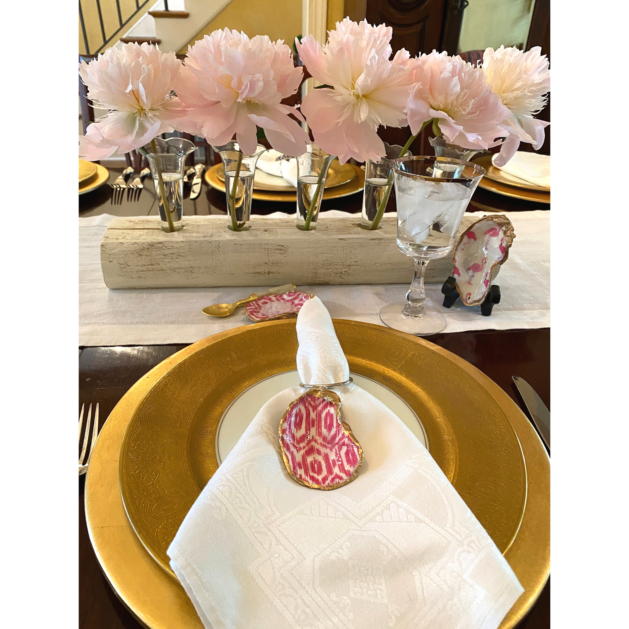 Napkin Ring, Oyster Shell, Pink Ikat, Handmade