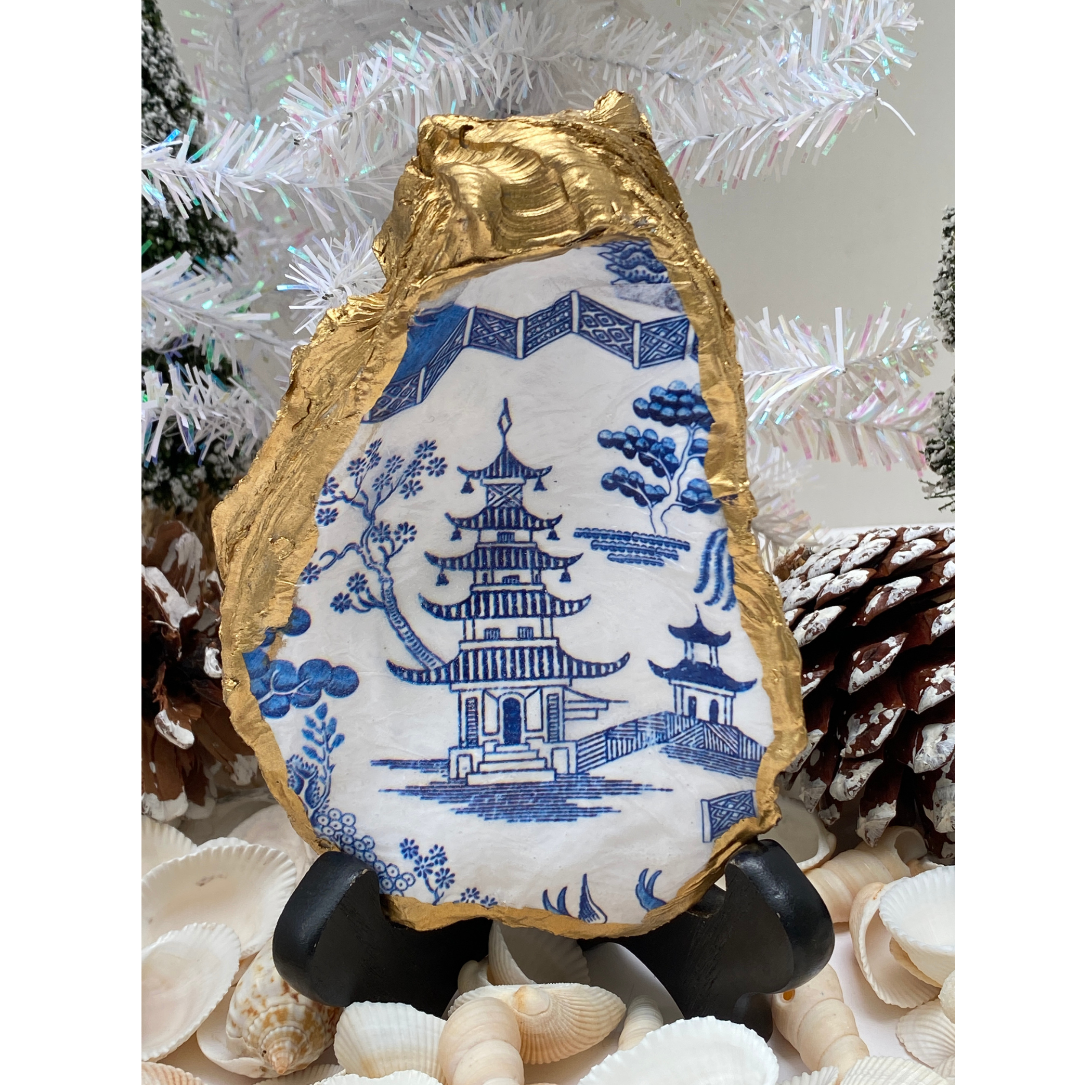 Oyster Shell Art | Blue Chinoiserie | Chinese Temple