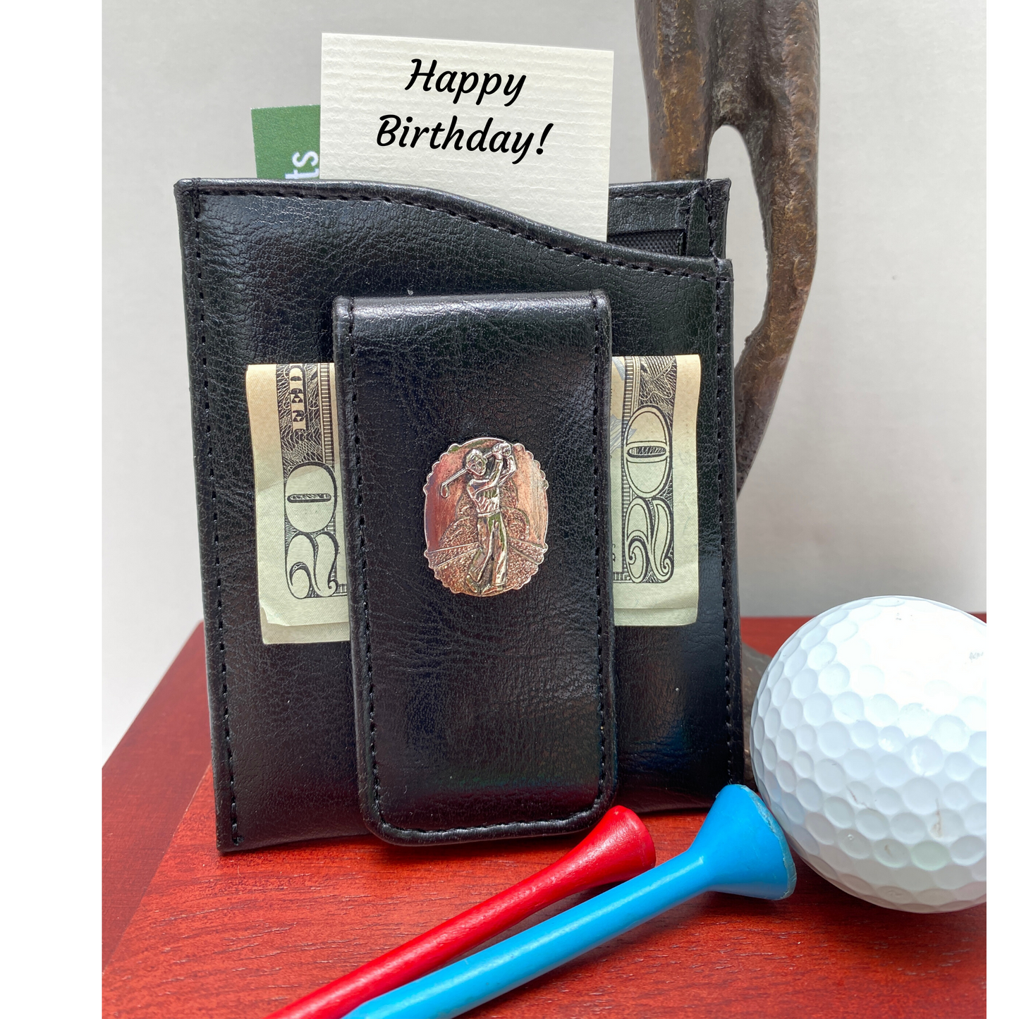 Money Clip, Golf theme, Black Faux Leather