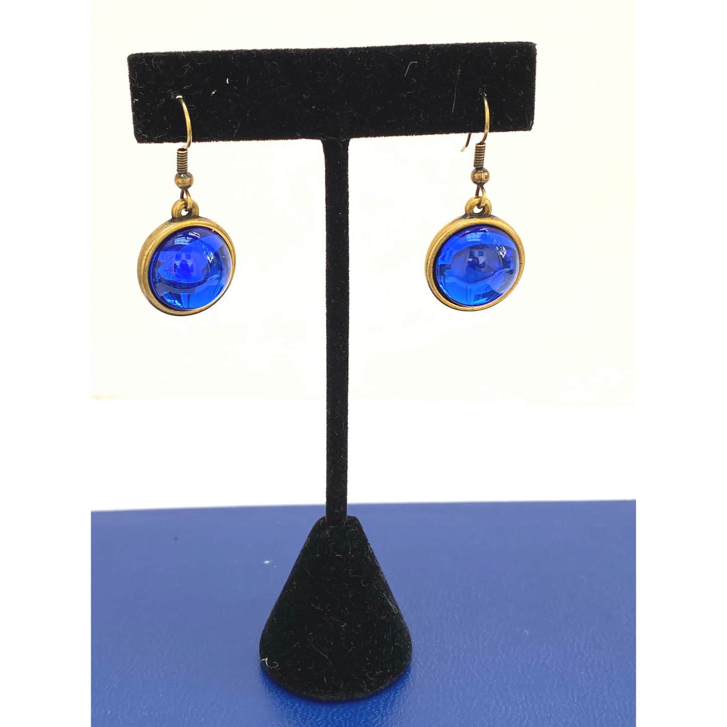 Earring, Iridescent cobalt blue, Antique Gold, French Ear Wire, Handmade in USA