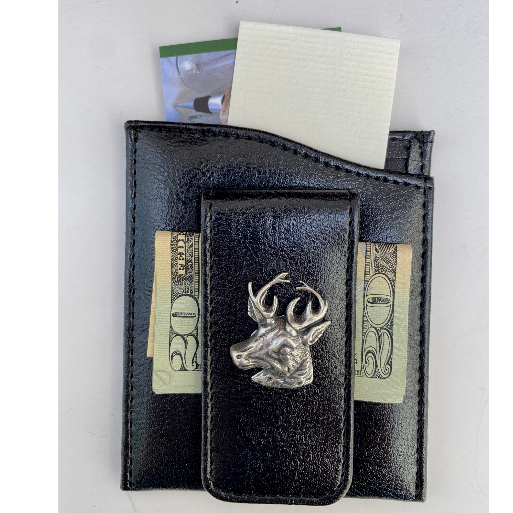 Money Clip, Deer, Black Faux Leather, Gift for Him