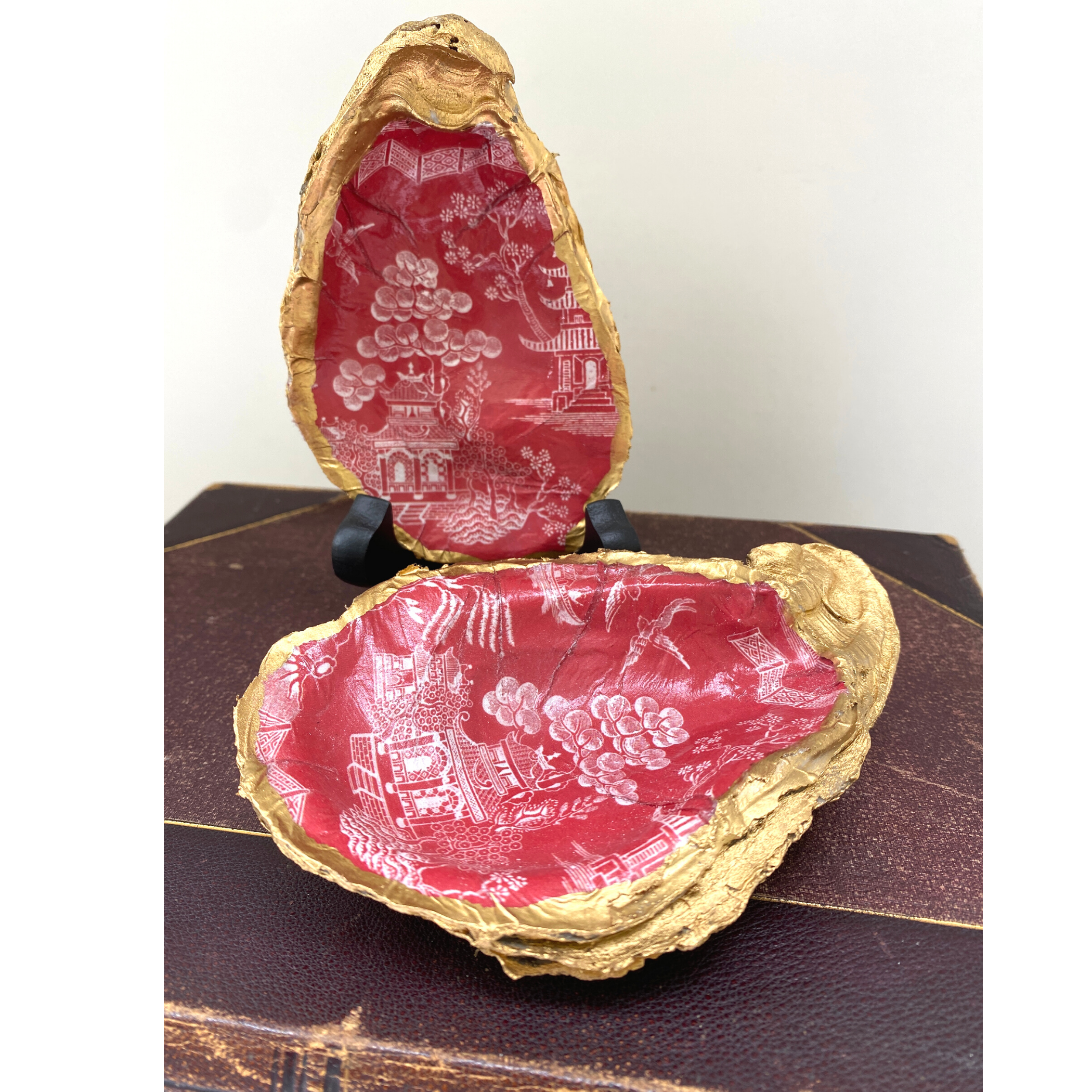 Red Chinoiserie Art, Oyster Shell Art, Handmade