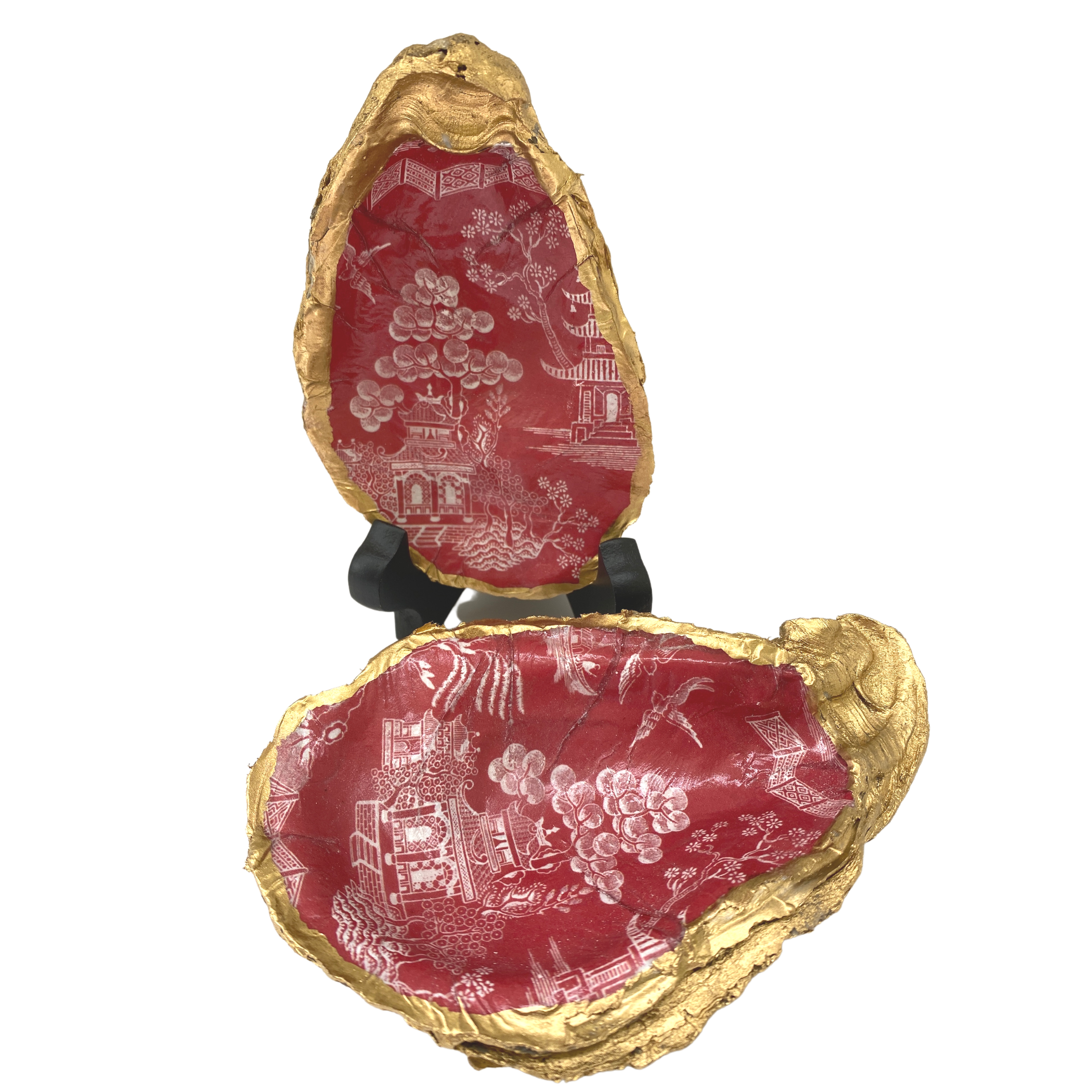 Red Chinoiserie Art, Oyster Shell Art, Handmade