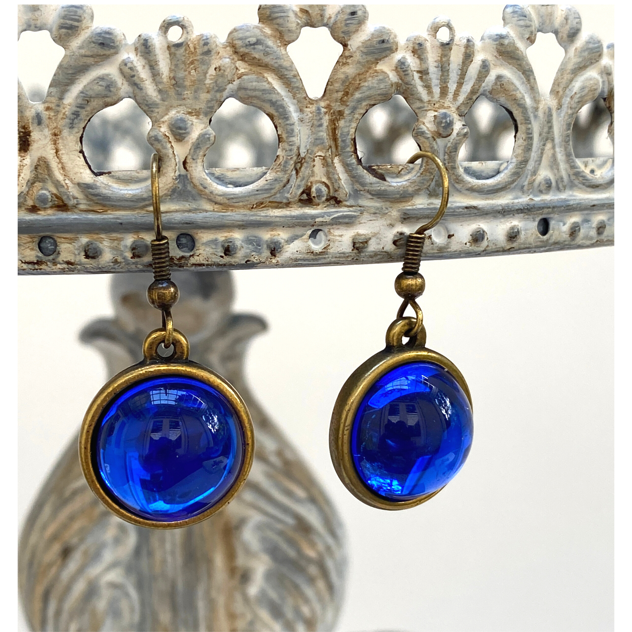 Earring, Iridescent cobalt blue, Antique Gold, French Ear Wire, Handmade in USA