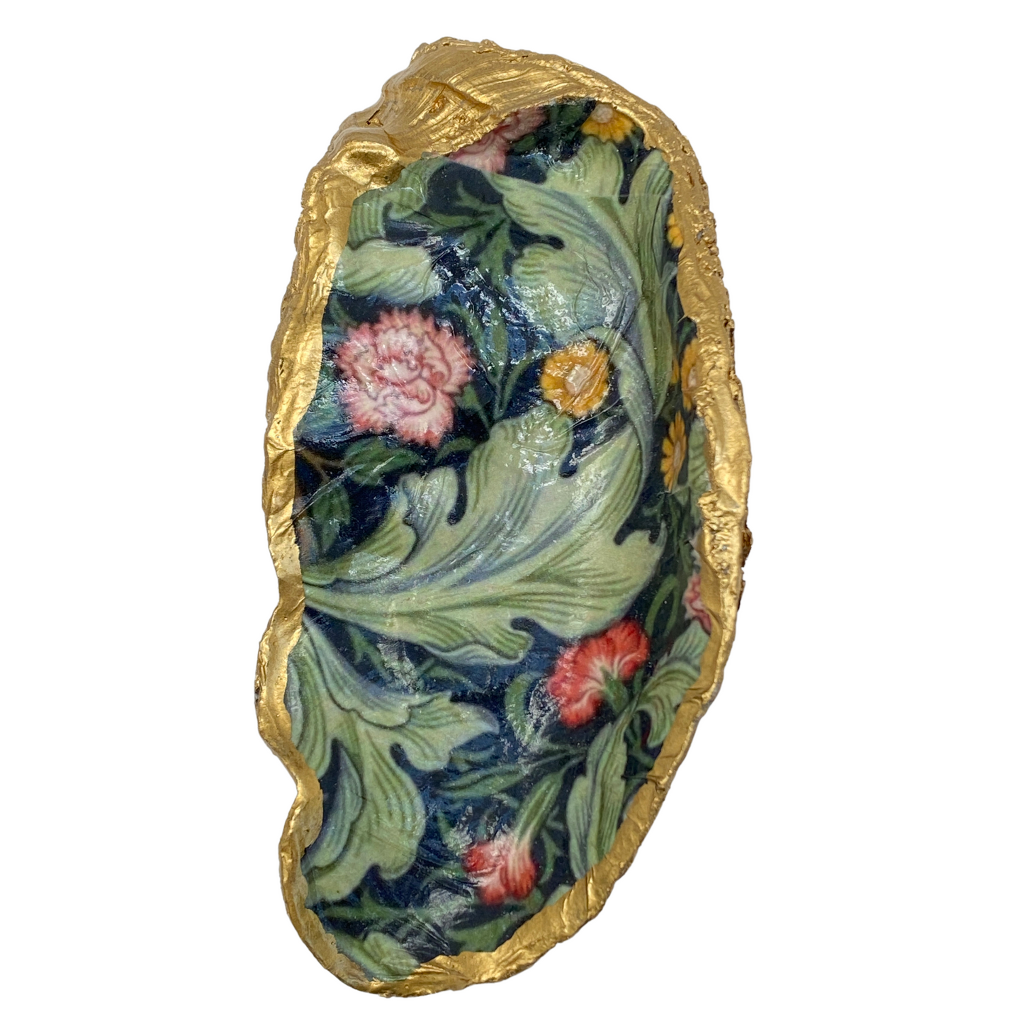 Oyster Shell Art, William Morris Design, Black Background, Leaves & colorful Flowers