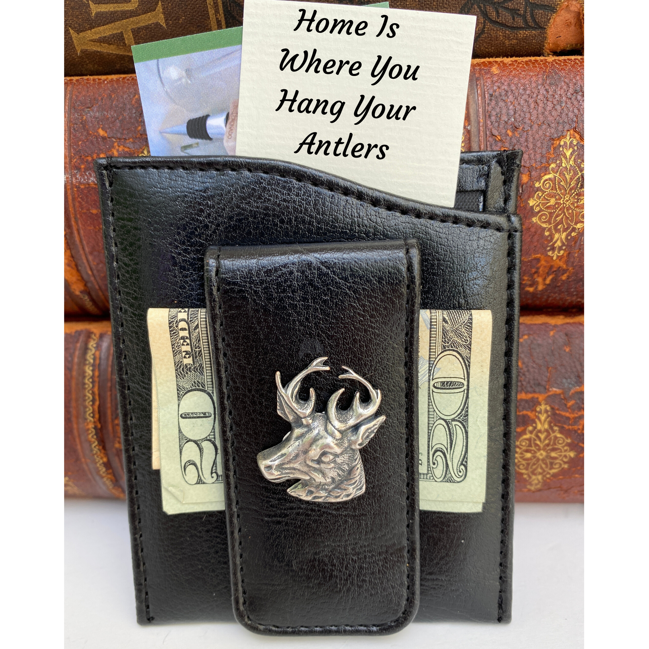 Money Clip, Deer, Black Faux Leather, Gift for Him