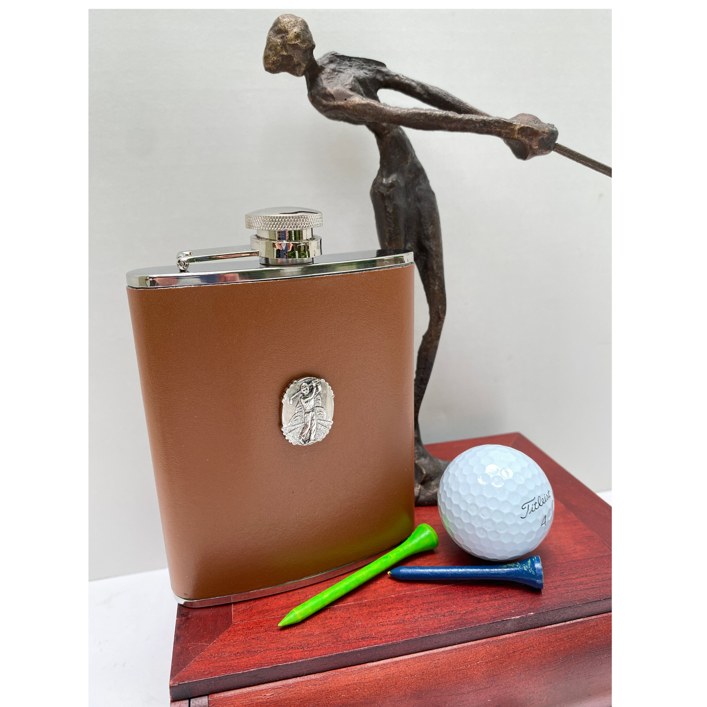 Leather Flask, Silver Golf Medallion