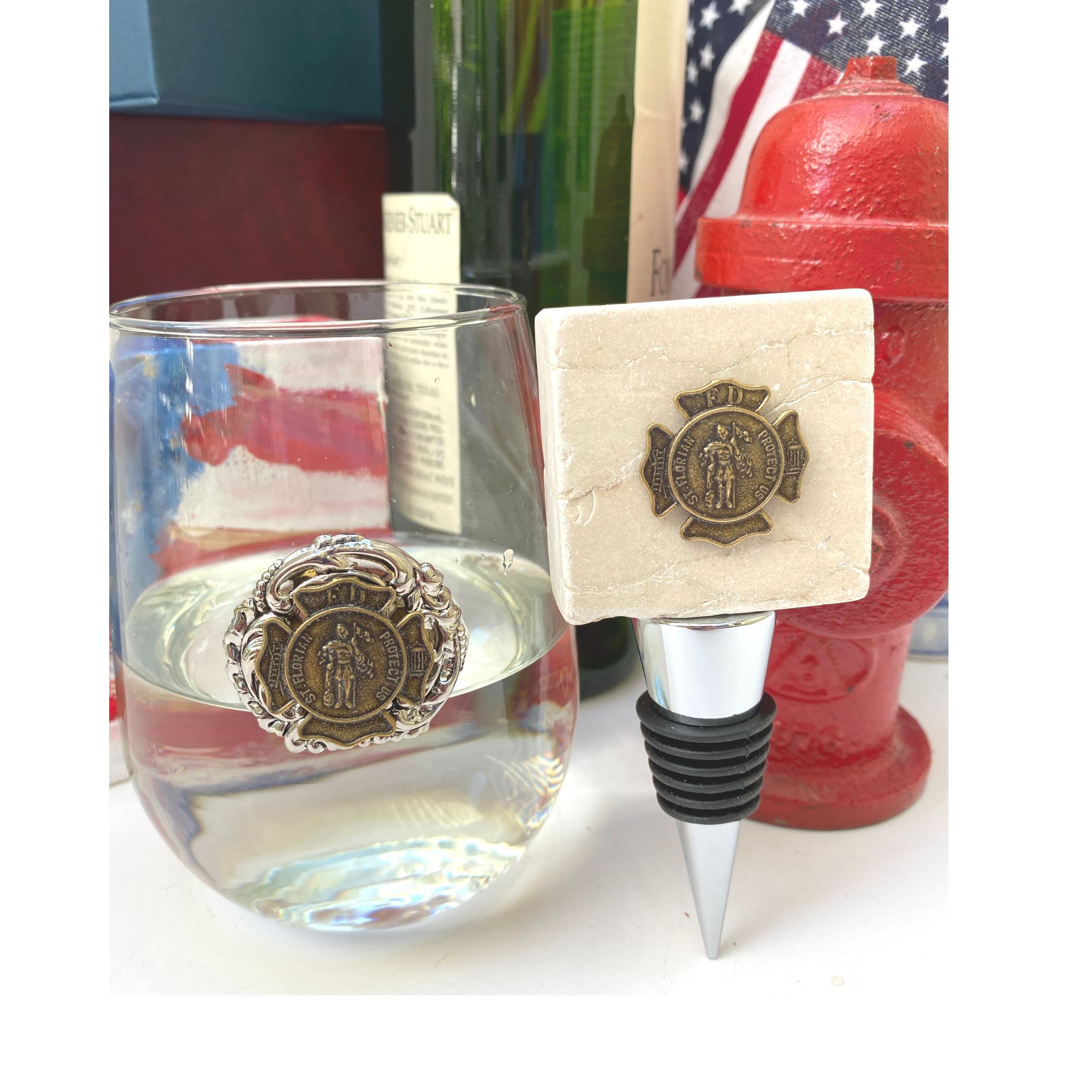 Firefighter Saint Florian Medallion, stemless wine glass