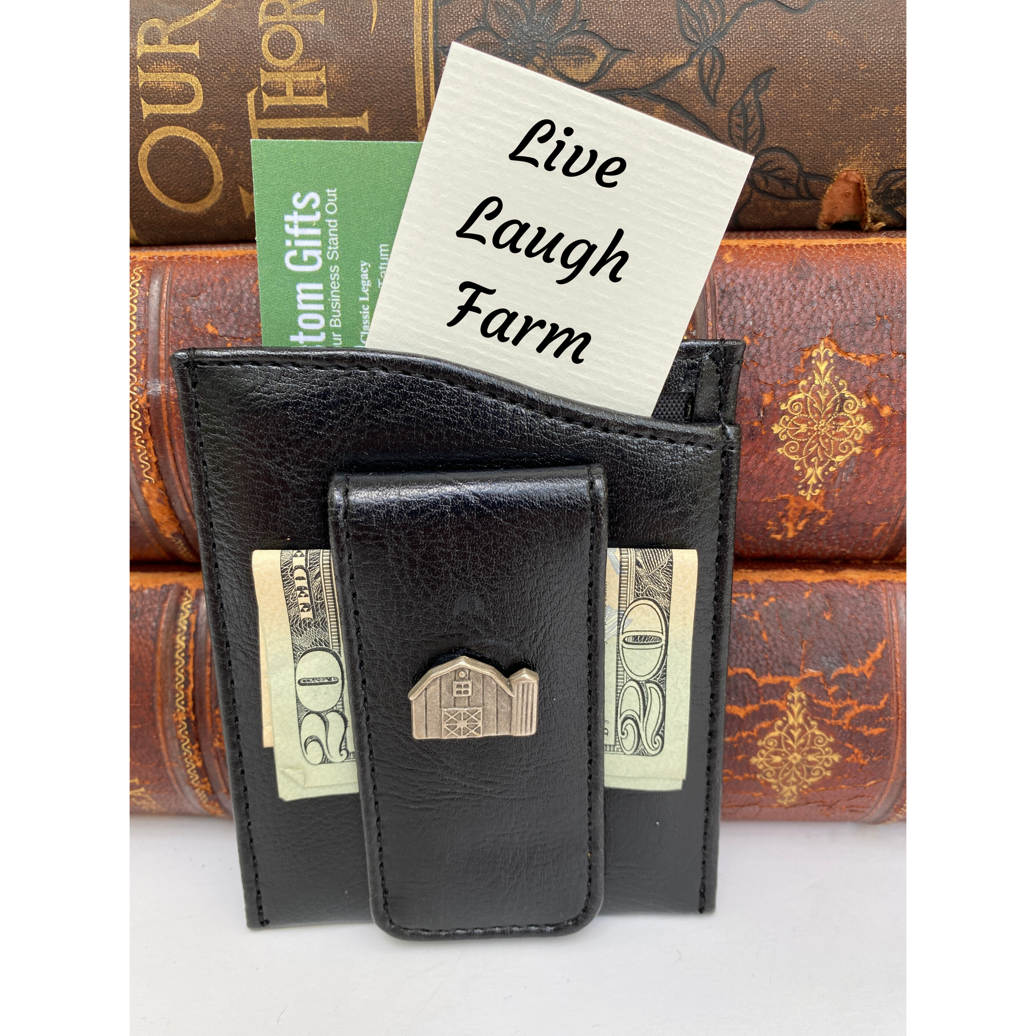 Money Clip, Farmer theme, Black Faux Leather, Silver Barn