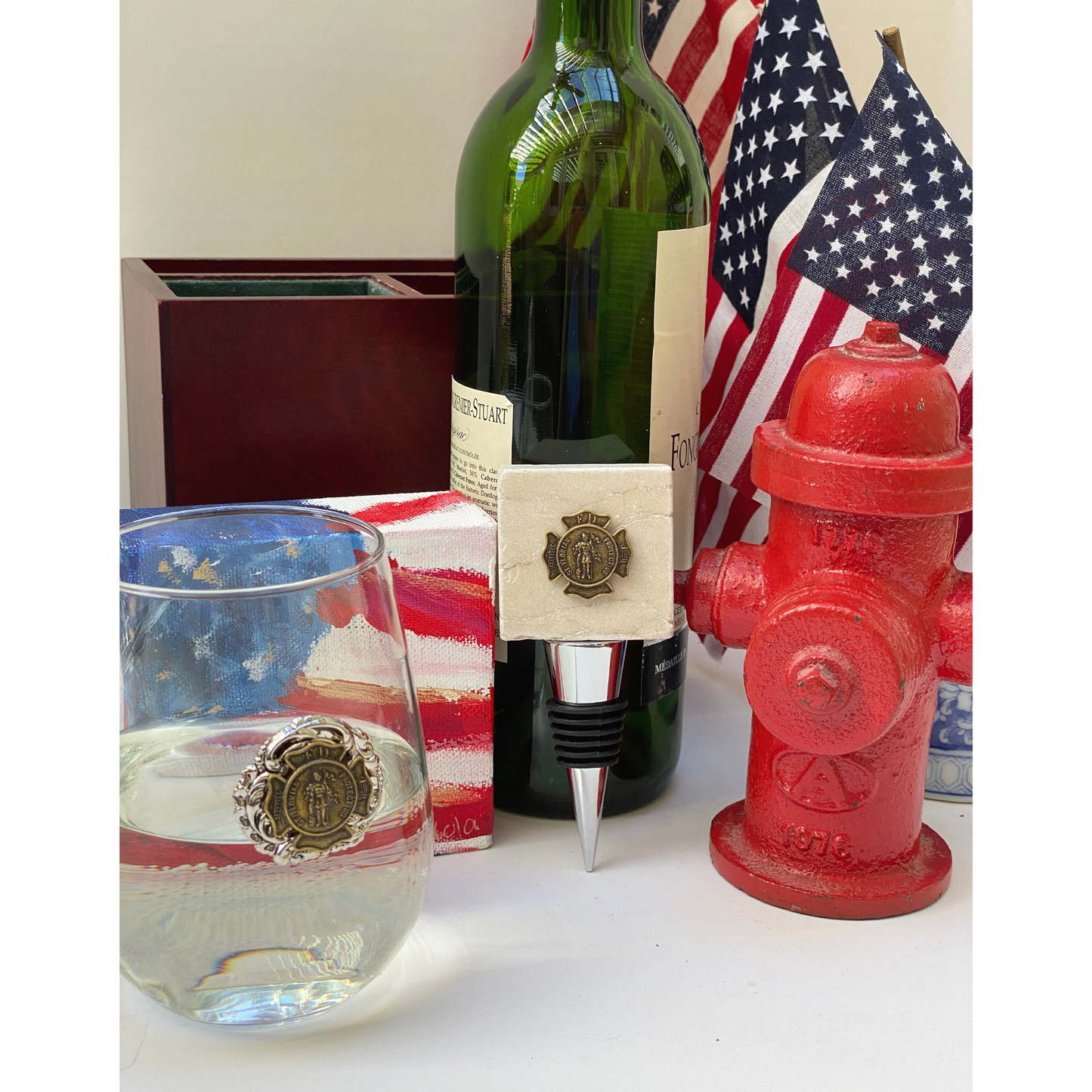 Firefighter Saint Florian Medallion, stemless wine glass