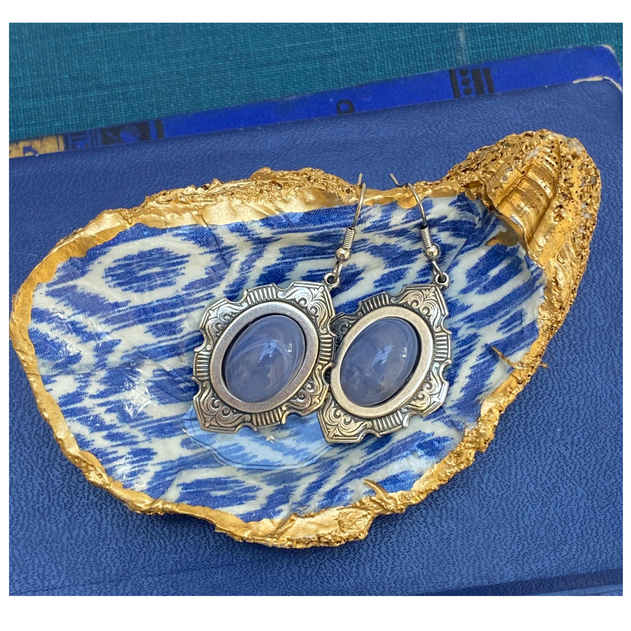 Earring, Vintage Antique Silver Setting, Oval Blue Cabochon, Handmade in USA