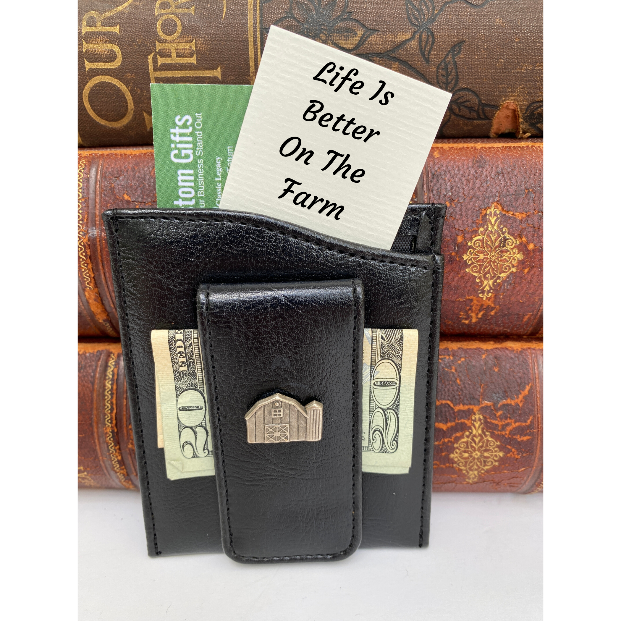 Money Clip, Farmer theme, Black Faux Leather, Silver Barn