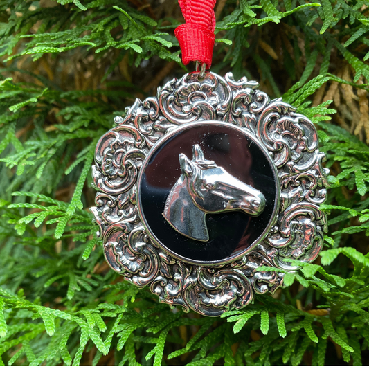 Christmas ornament Round Silver with black enamel and silver horse head