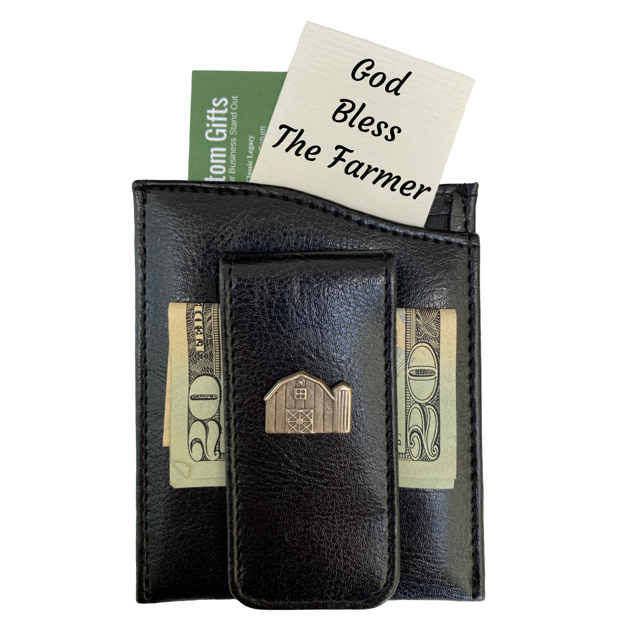 Money Clip, Farmer theme, Black Faux Leather, Silver Barn