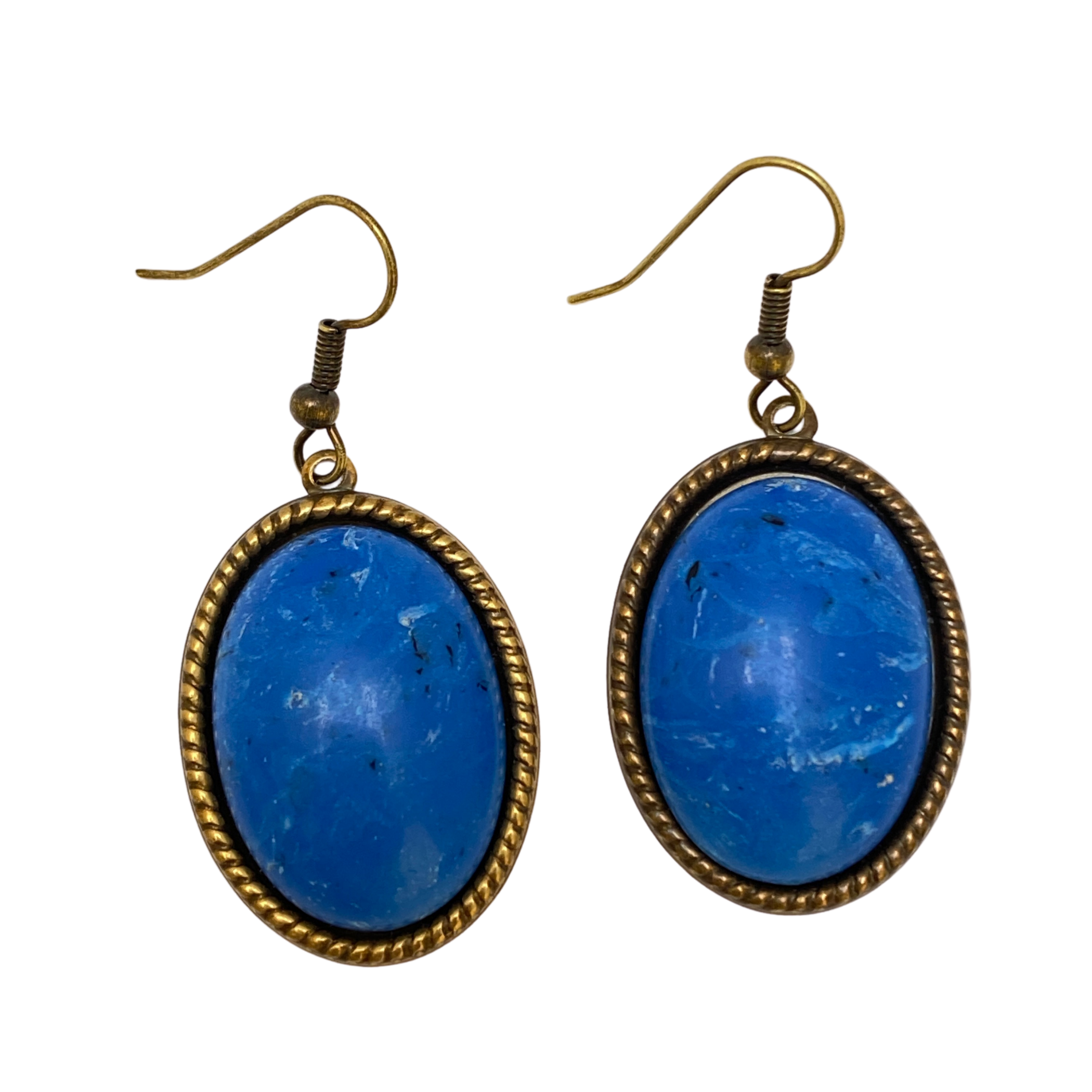 Earring, Classic Blue, Oval Cabochon, Antique Gold French Ear Wire, Handmade in USA