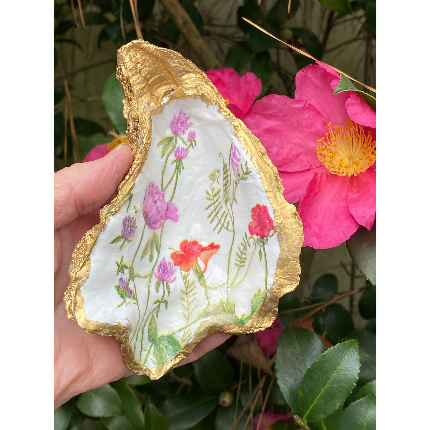 Shell Decorative Art, Spring Flowers, Handmade, Gold Leaf Edges