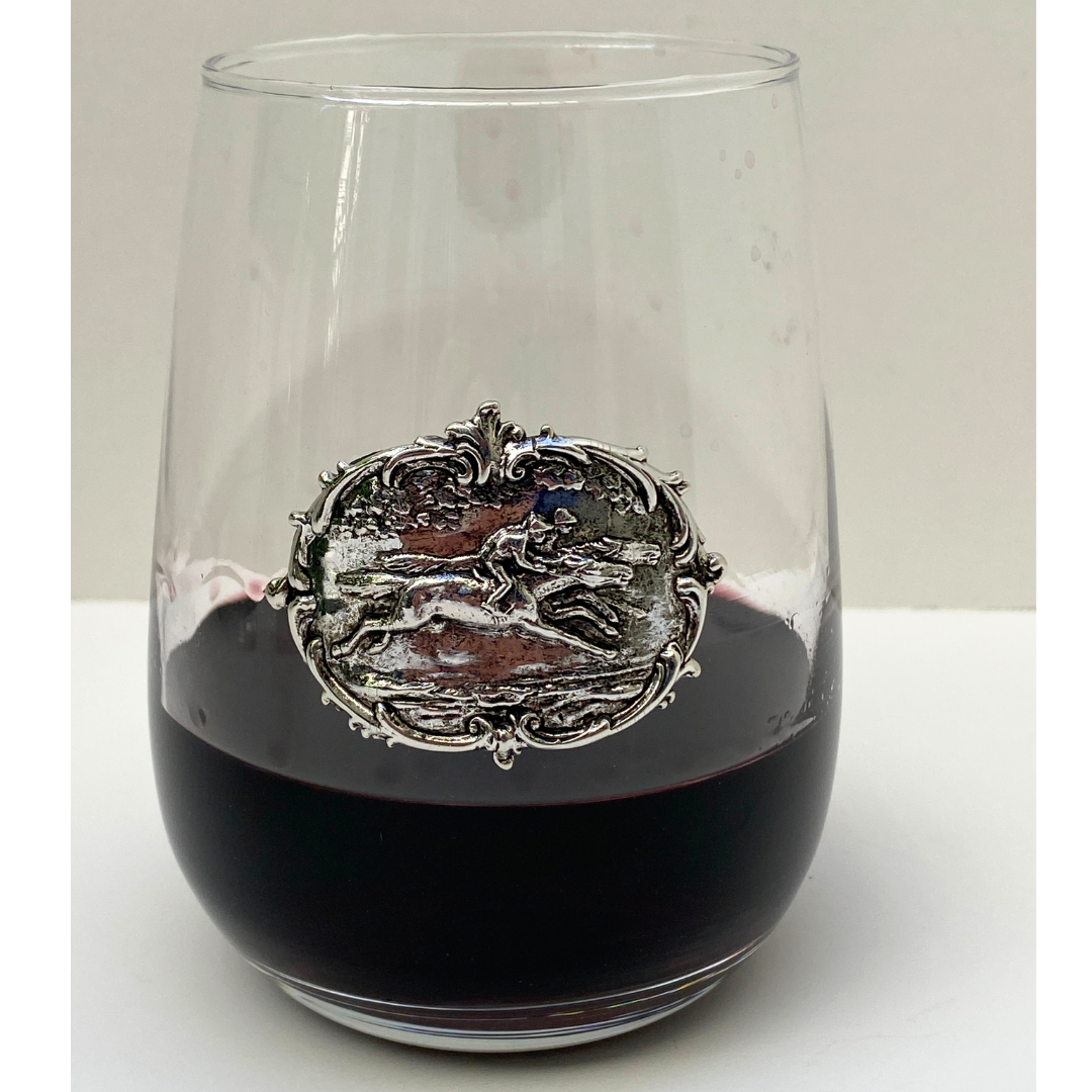 Horserace Theme Stemless Wine Glass | Silver Jockey & Race Horse