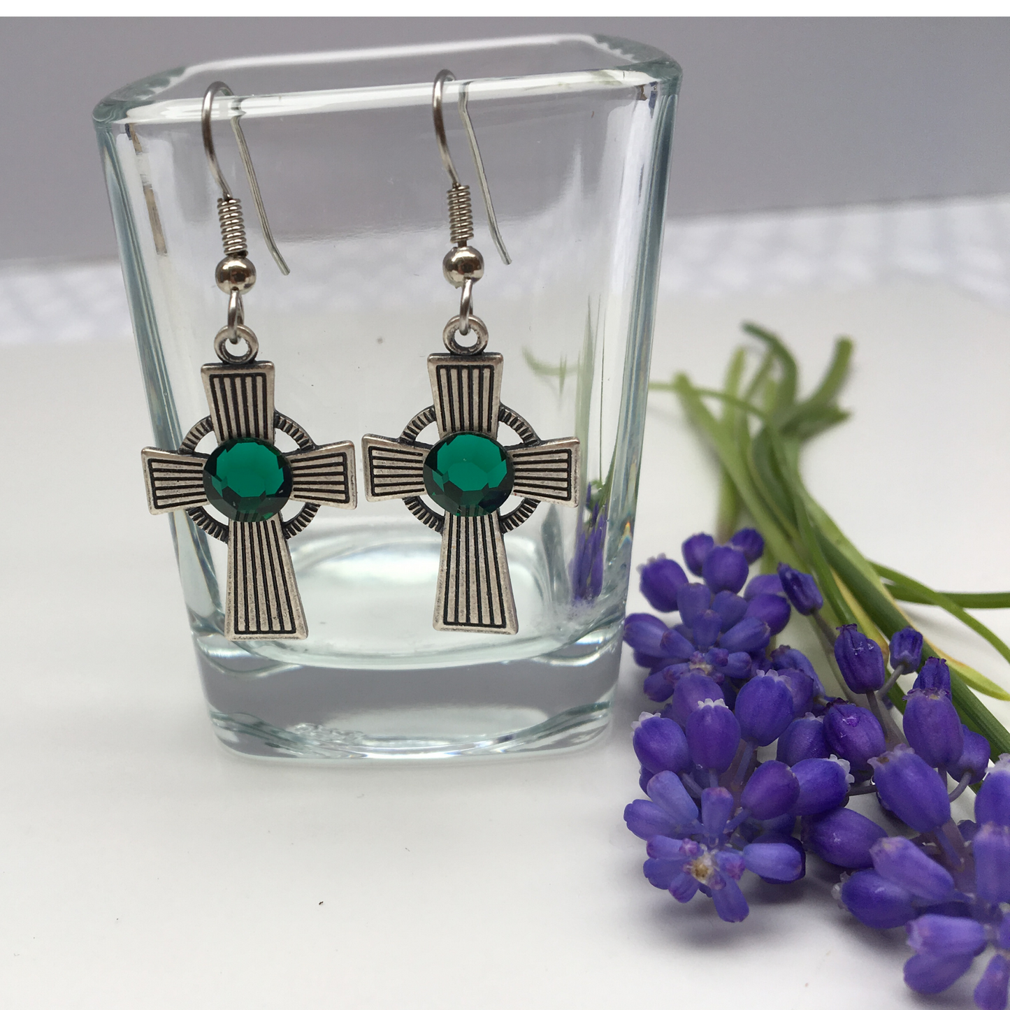 Earrings, Irish Celtic Cross,  Stripe Pattern, Silver Plate, Emerald Crystal, Handmade in USA