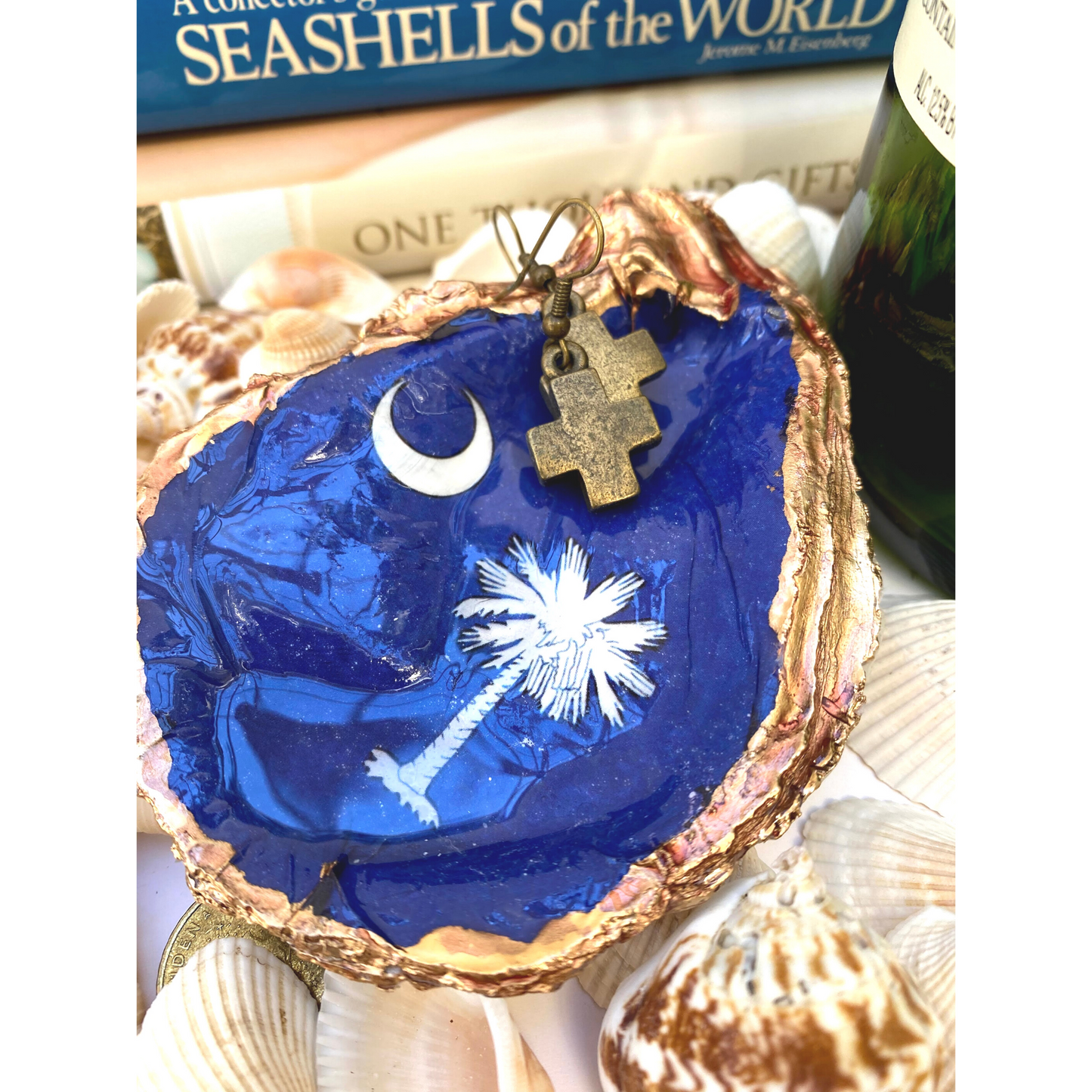 Oyster Shell Art, Decorative Art,  South Carolina State Flag,  Blue and White Décor