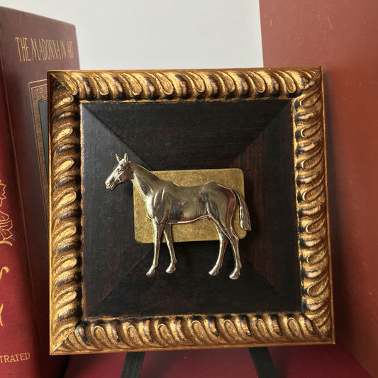 Wooden Art,  Small Wooden Square,  Gold Silver Standing Horse embellishment