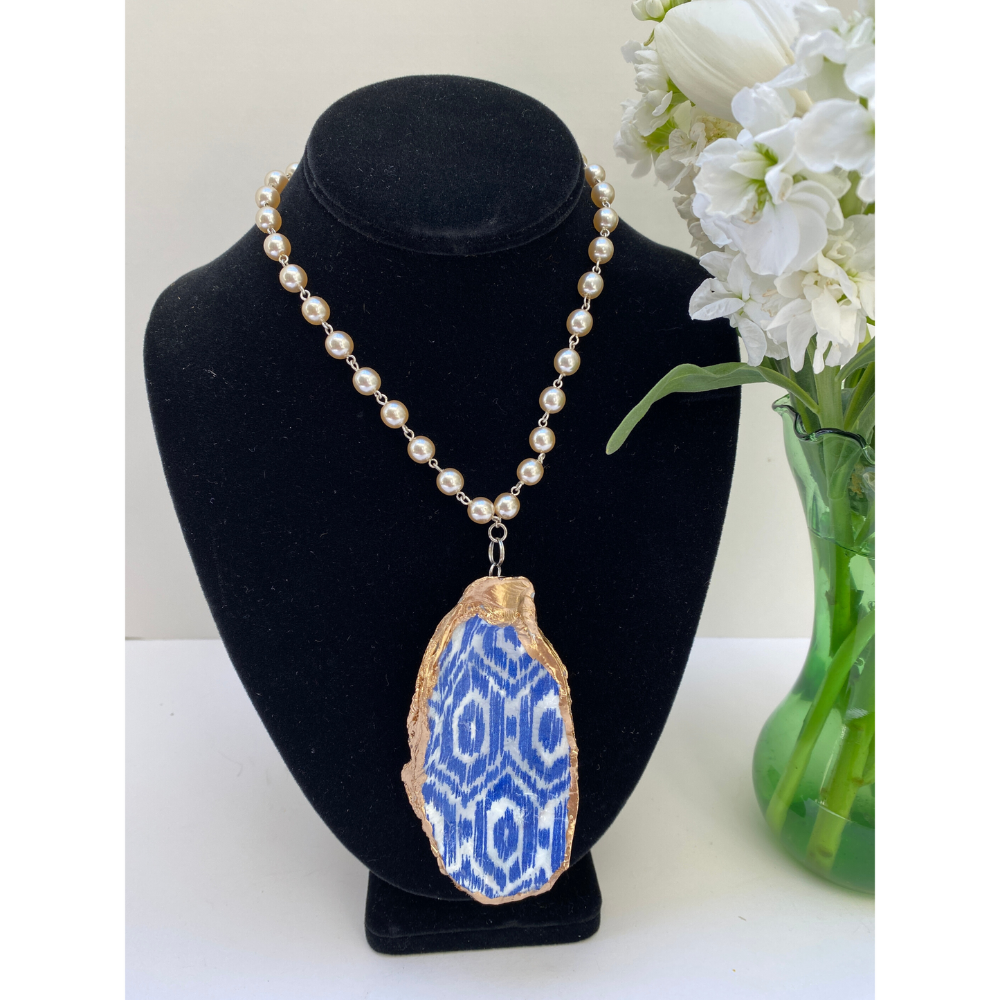 Oyster Shell Necklace, Blue and Pearls