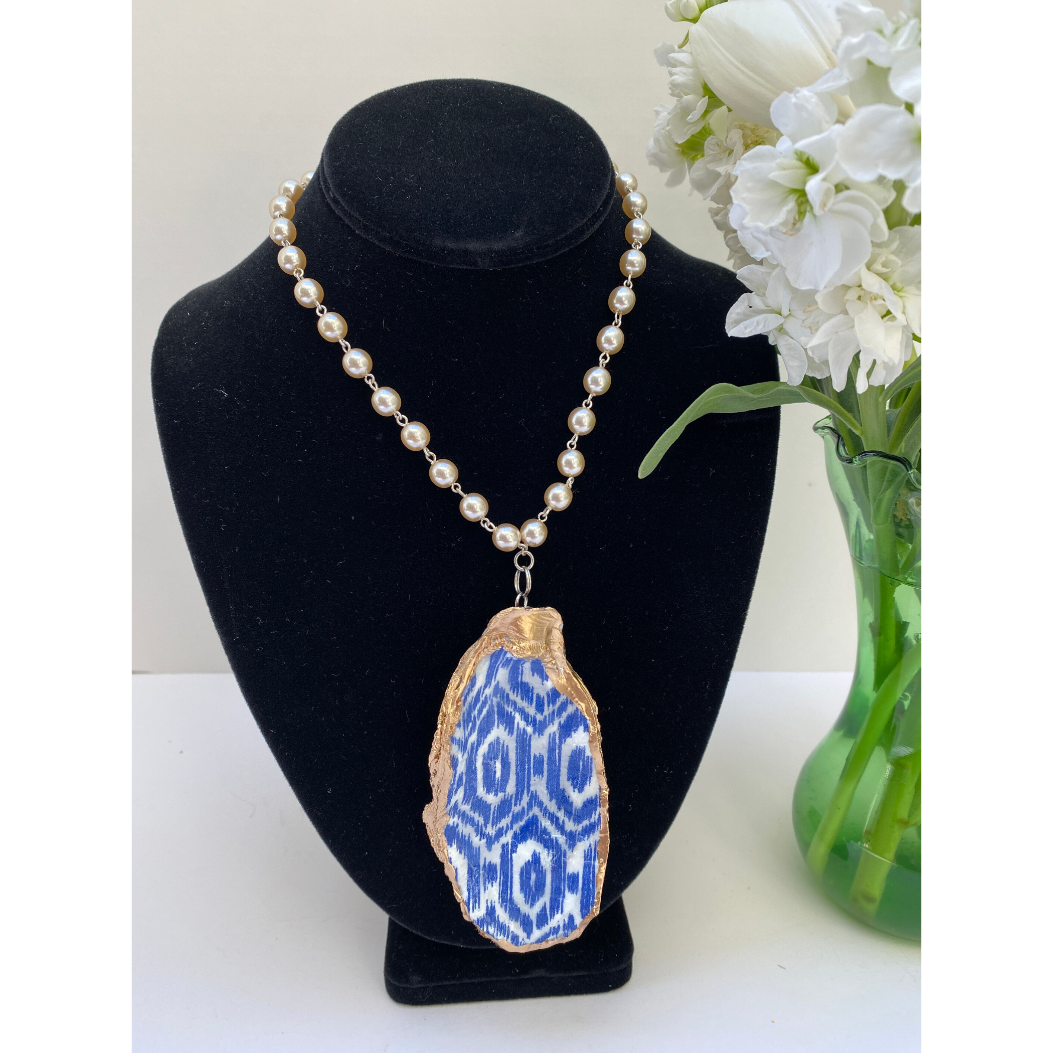 Oyster Shell Necklace Blue Ikat and Pearls