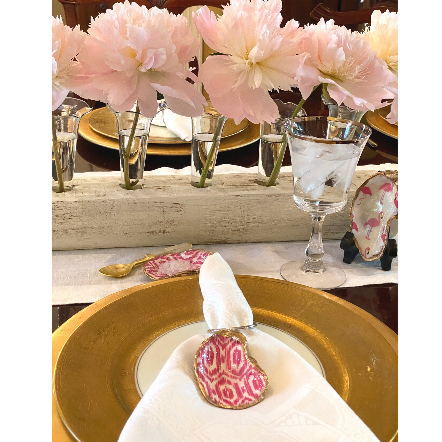 Napkin Ring, Oyster Shell, Pink Ikat, Handmade