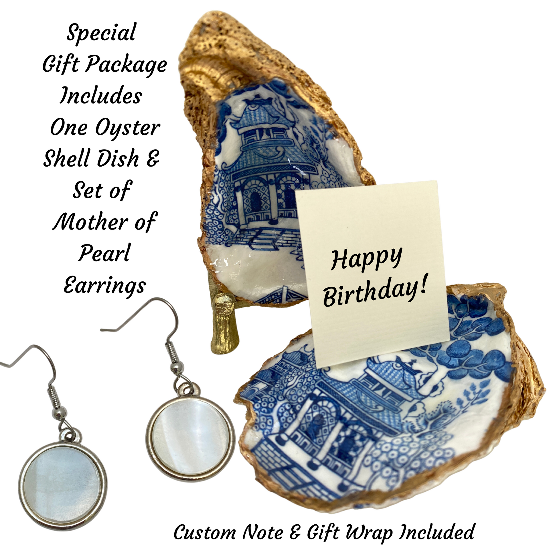 This special package of the Mother of Pearl earrings and the blue and white Chinoiserie oyster shell dish is a great Birthday gift for Mom.
