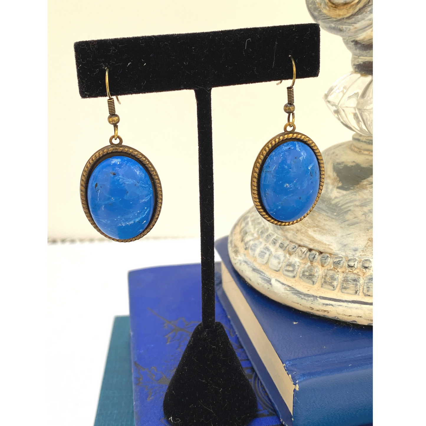 Earring, Classic Blue, Oval Cabochon, Antique Gold French Ear Wire, Handmade in USA